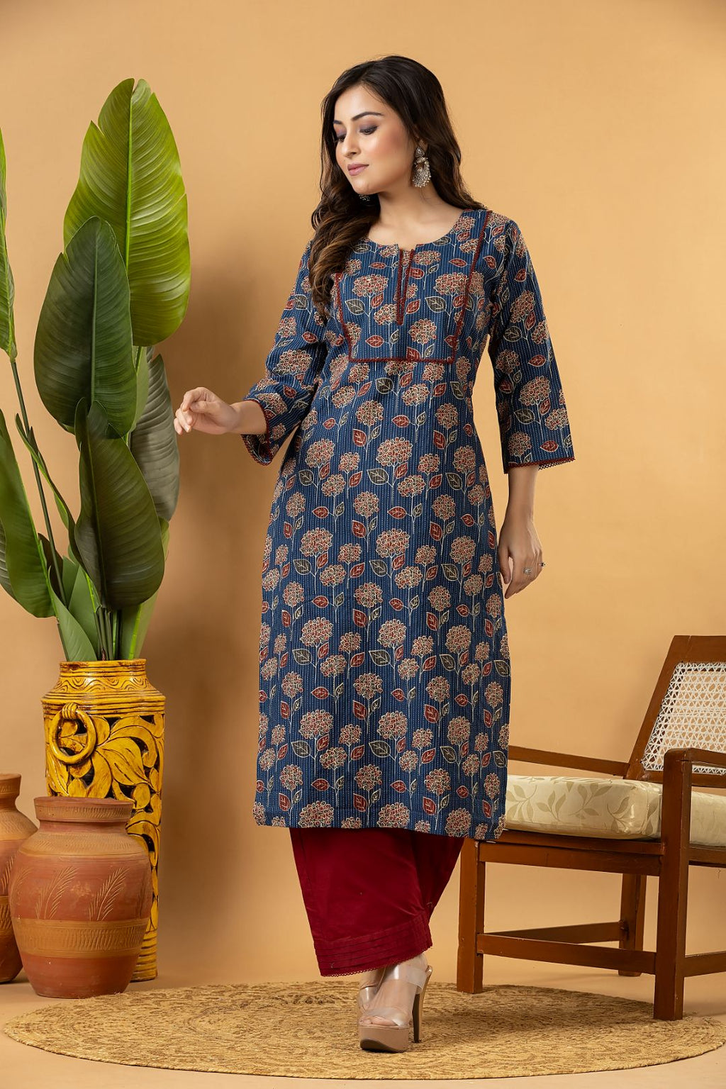 Teal Blue & Maroon Floral Print Threadwork Kurta