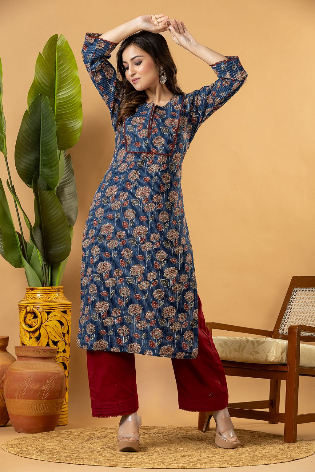 Teal Blue & Maroon Floral Print Threadwork Kurta