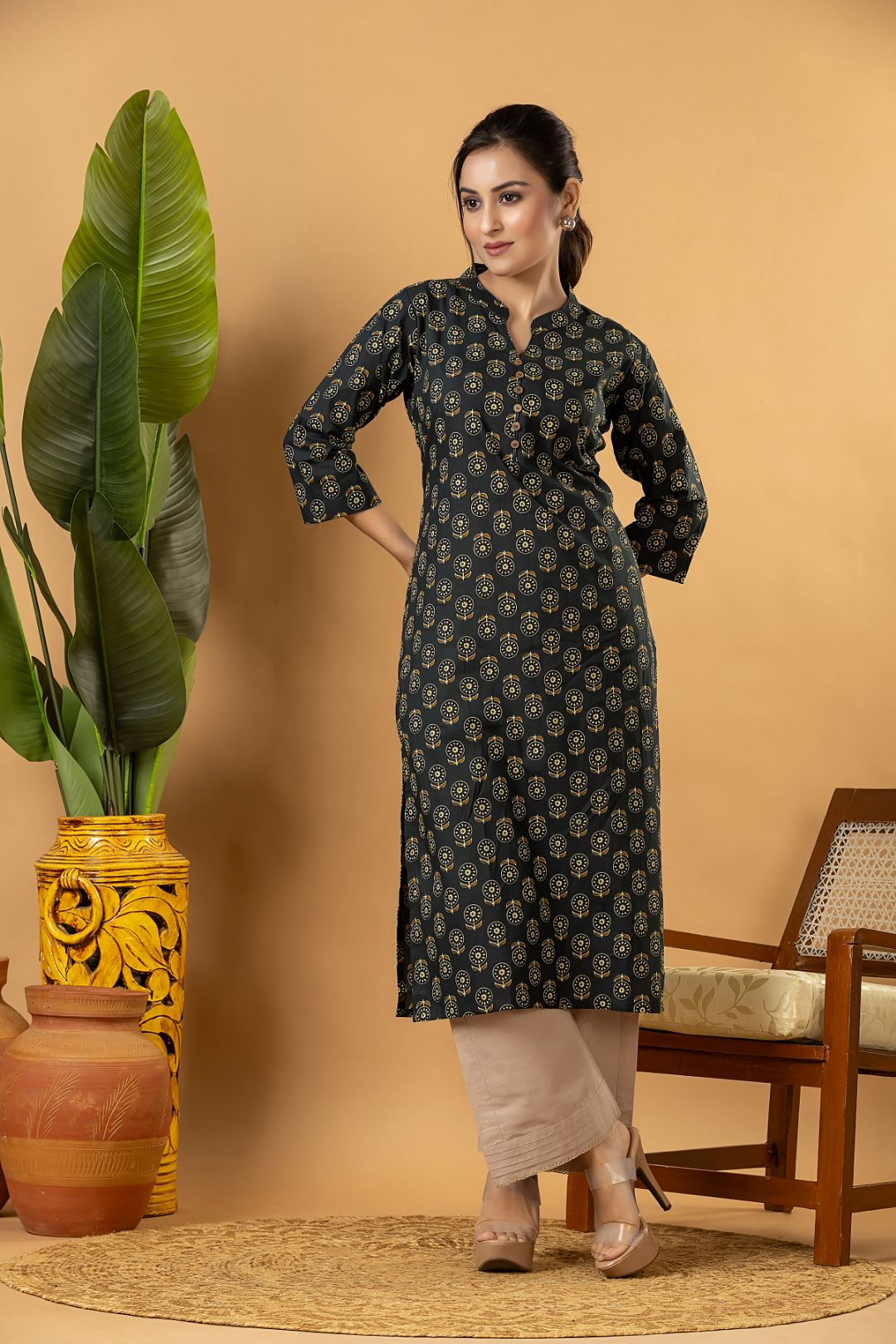 Midnight Green Floral Print Kurta