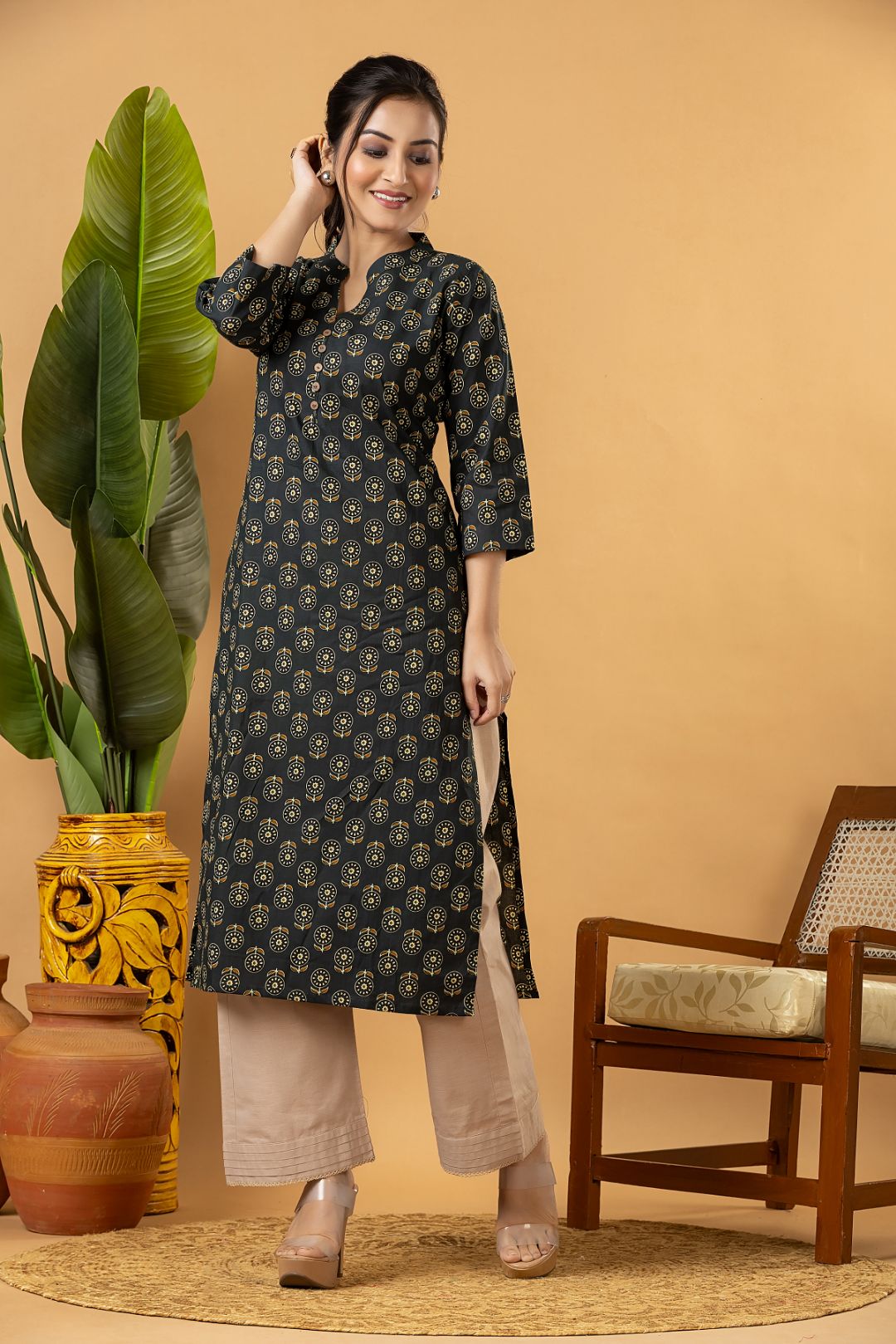 Midnight Green Floral Print Kurta