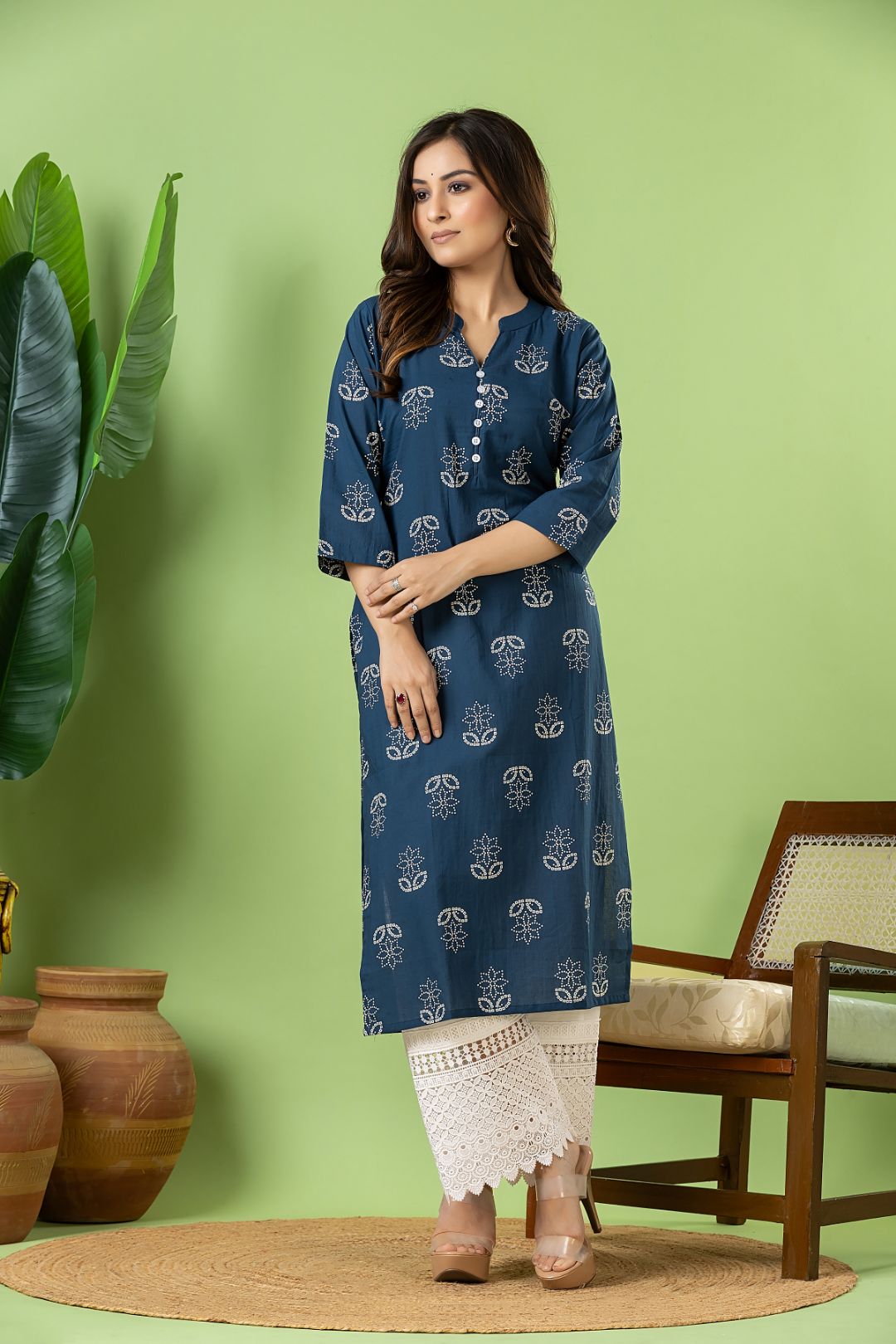 French Blue Floral Print Kurta