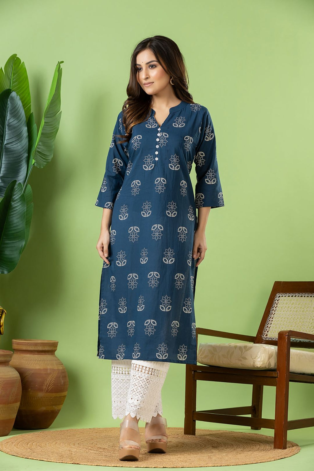 French Blue Floral Print Kurta