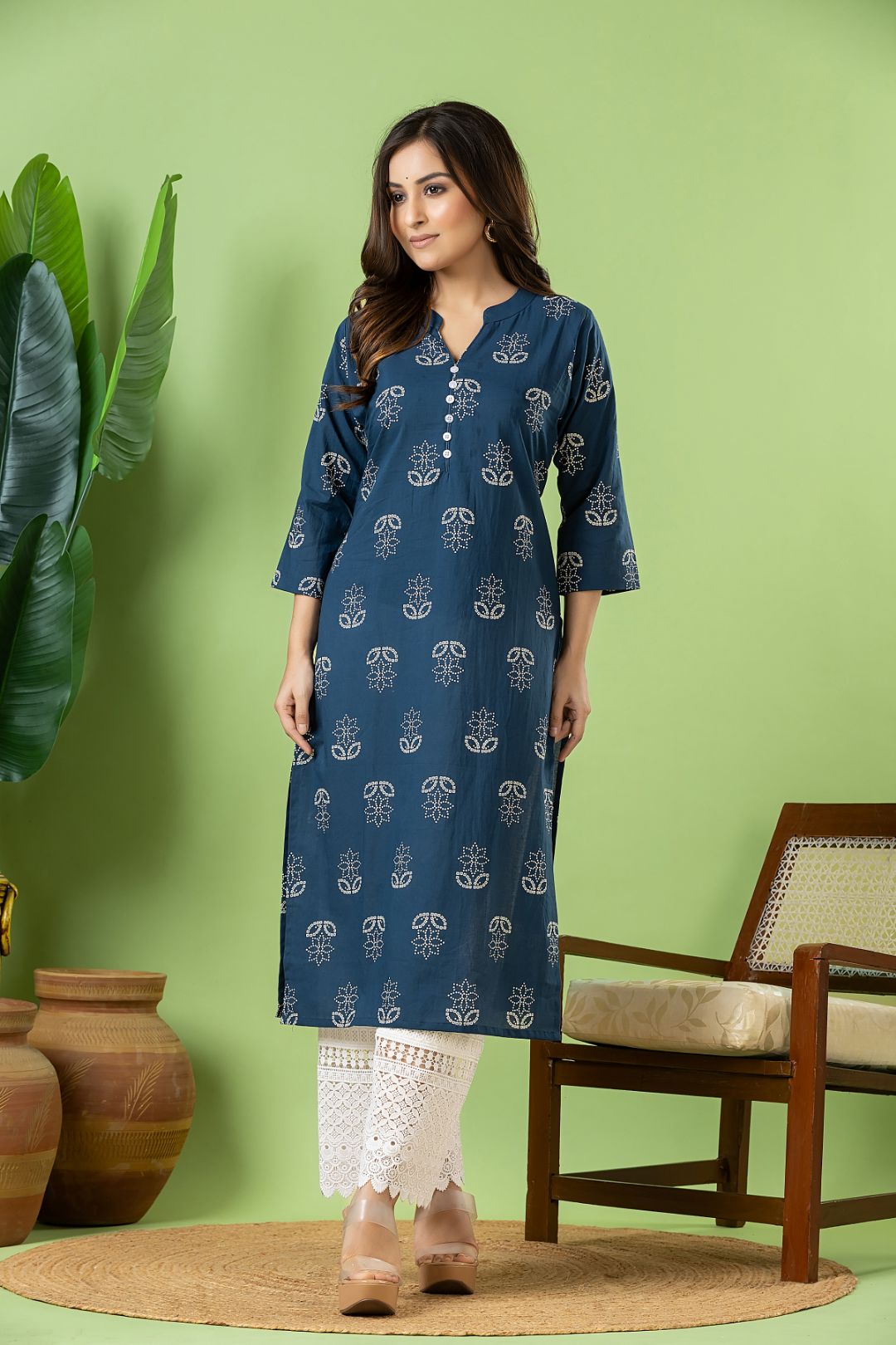 French Blue Floral Print Kurta