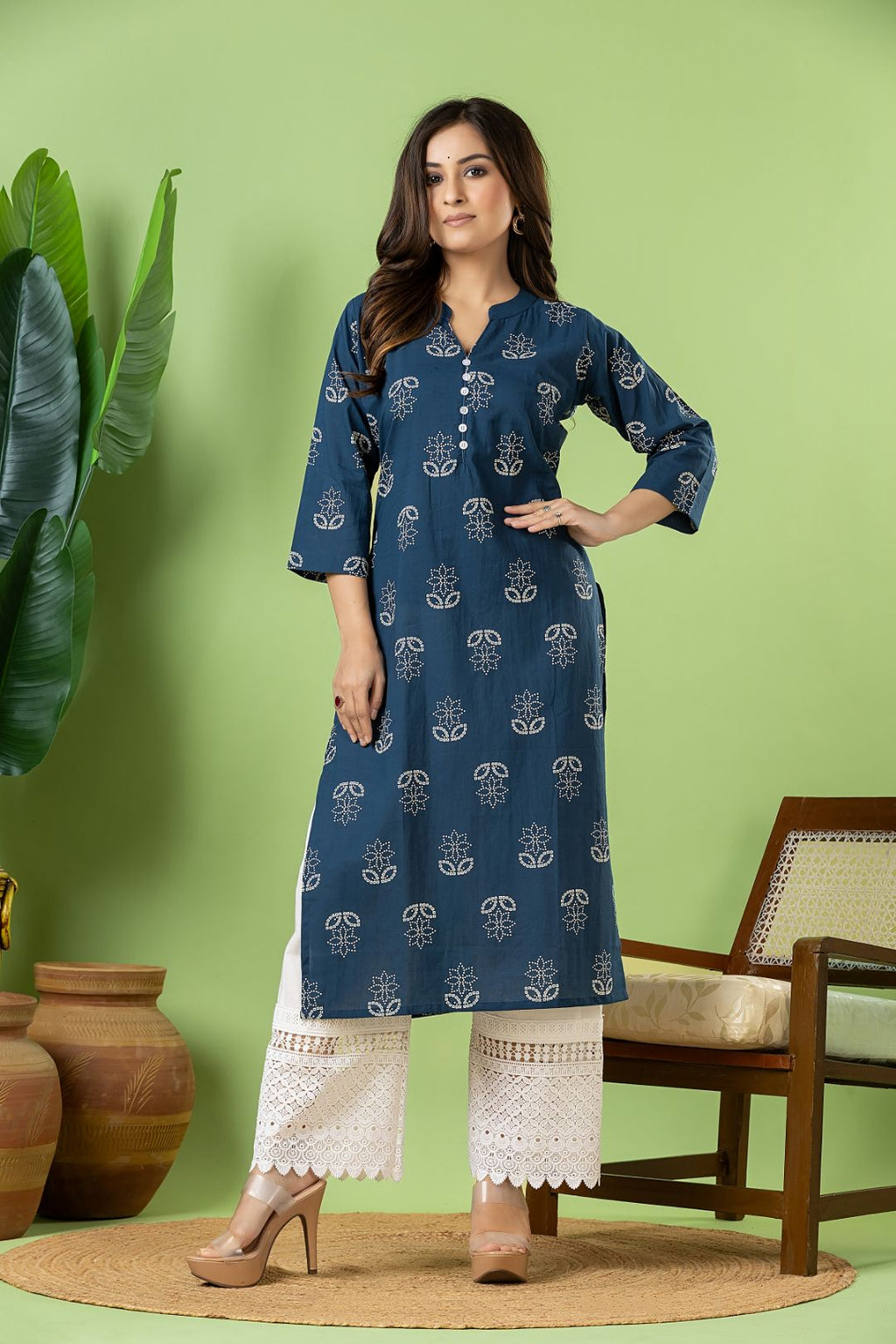 French Blue Floral Print Kurta