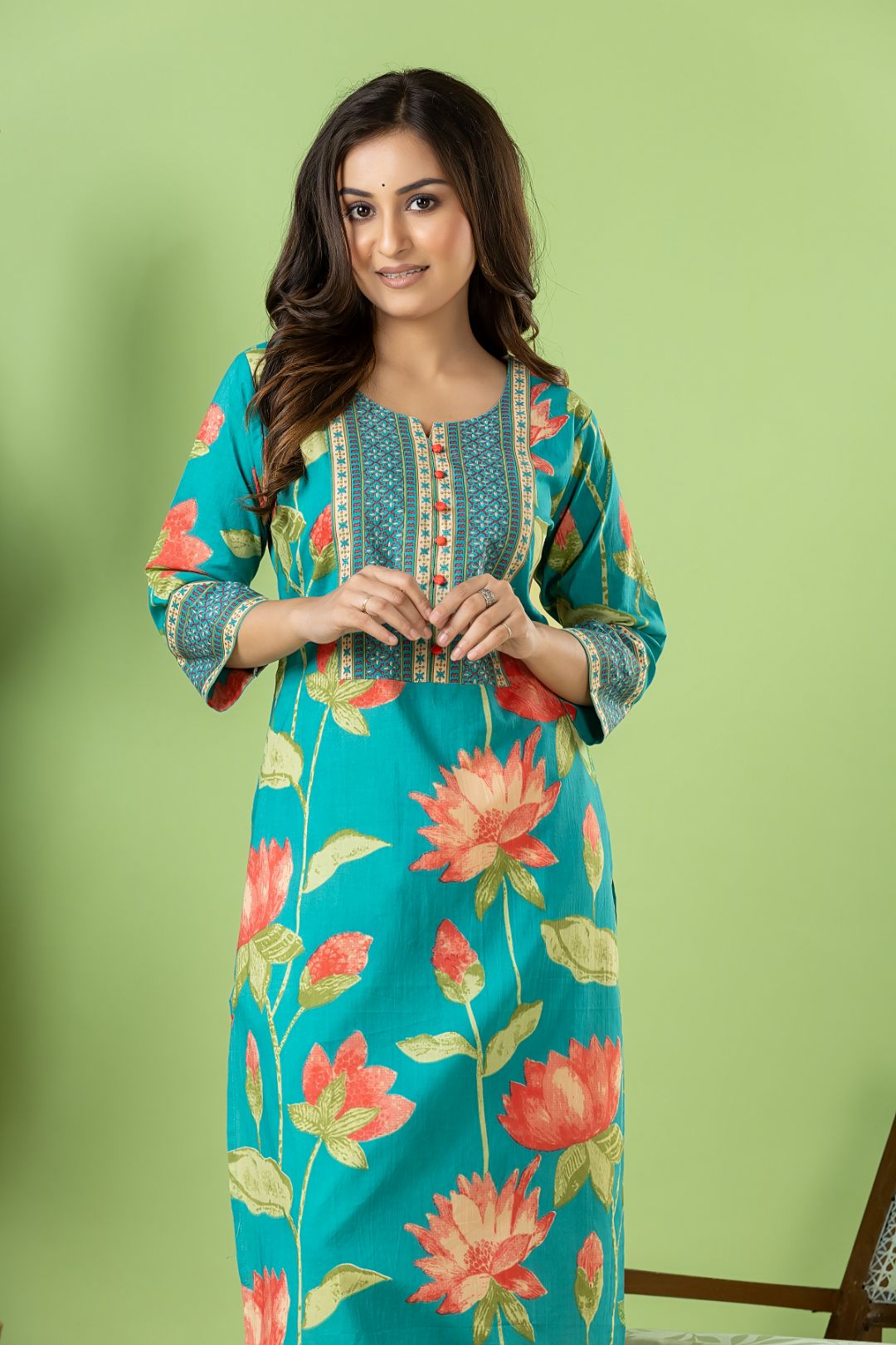 Aqua Blue Louts Print Kurta