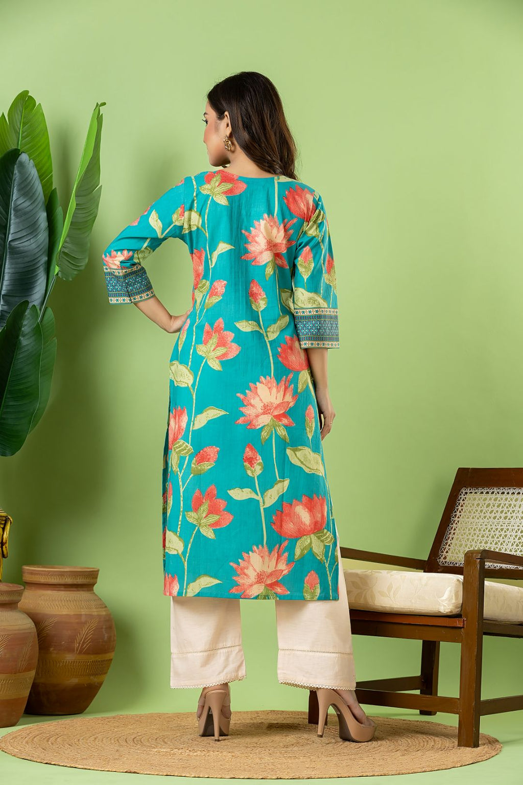 Aqua Blue Louts Print Kurta