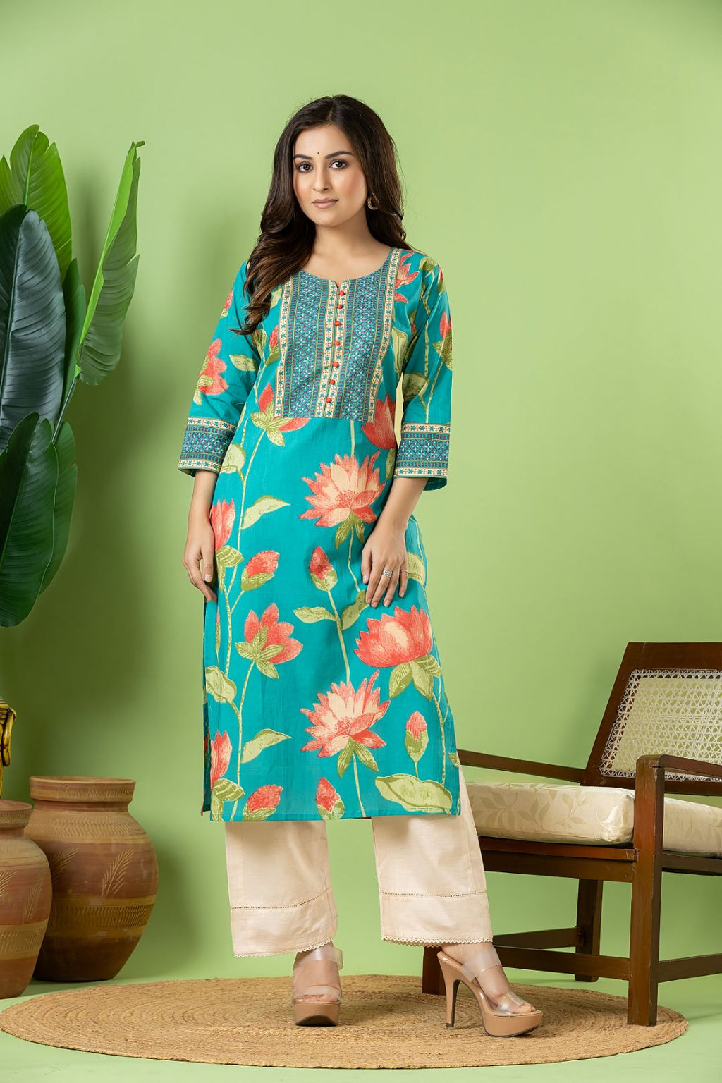 Aqua Blue Louts Print Kurta