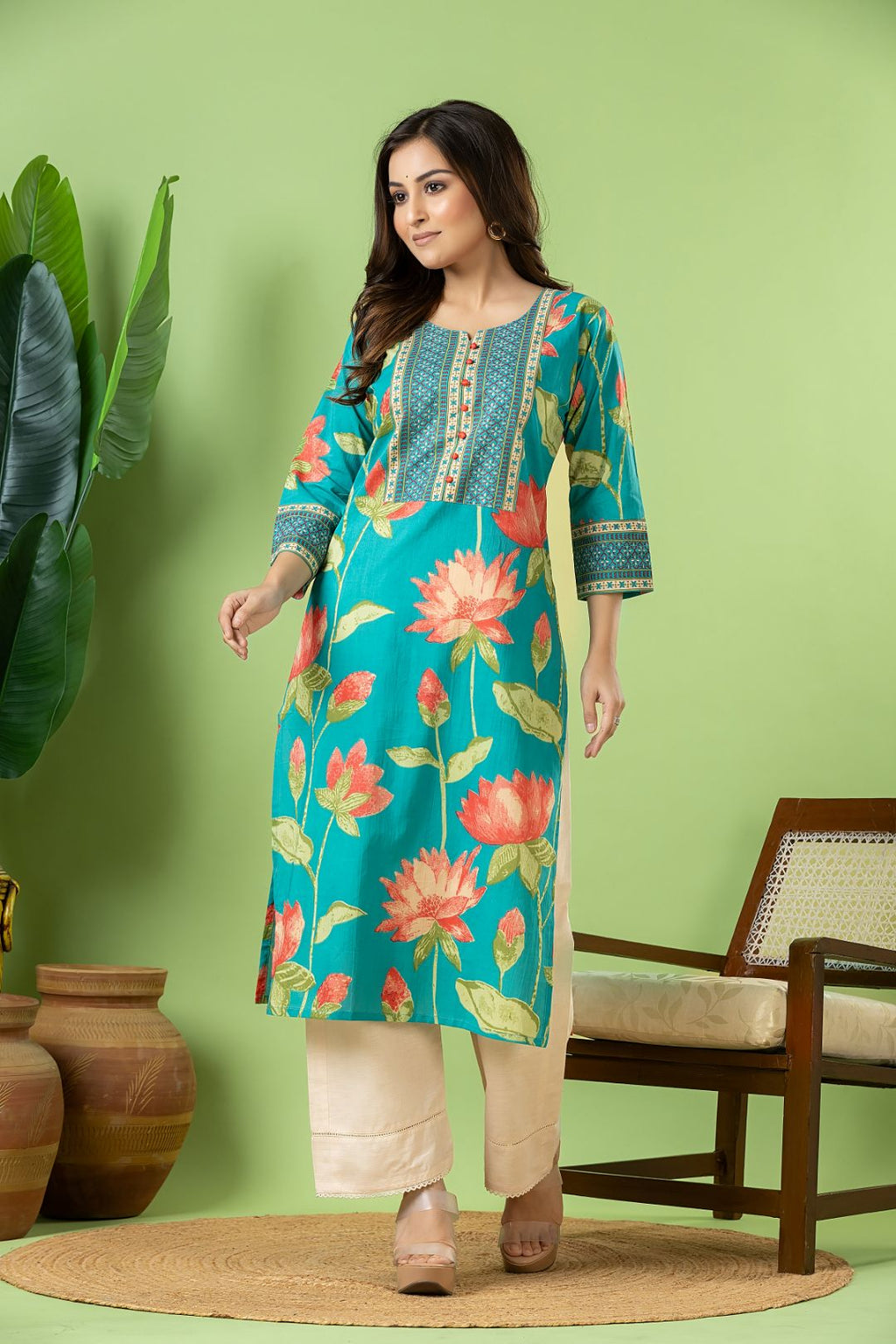 Aqua Blue Louts Print Kurta
