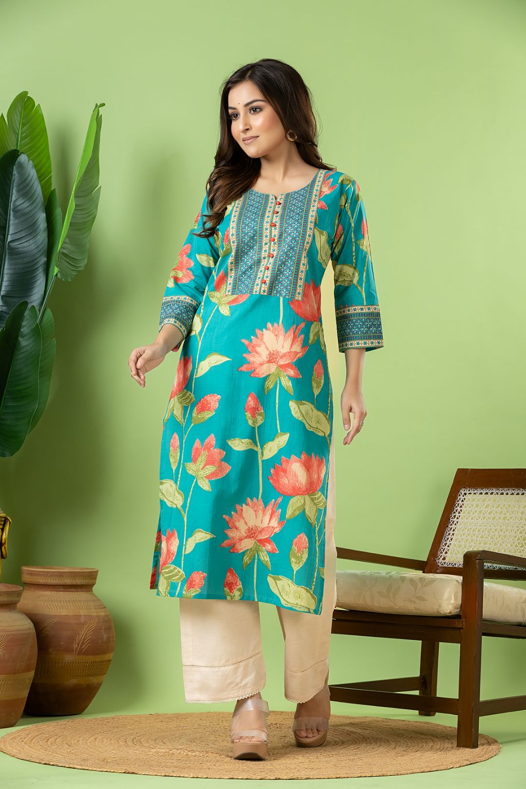 Aqua Blue Louts Print Kurta