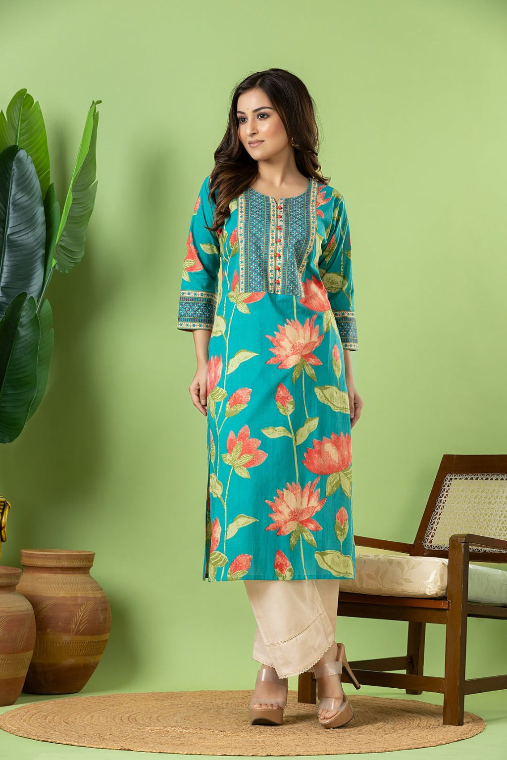 Aqua Blue Louts Print Kurta