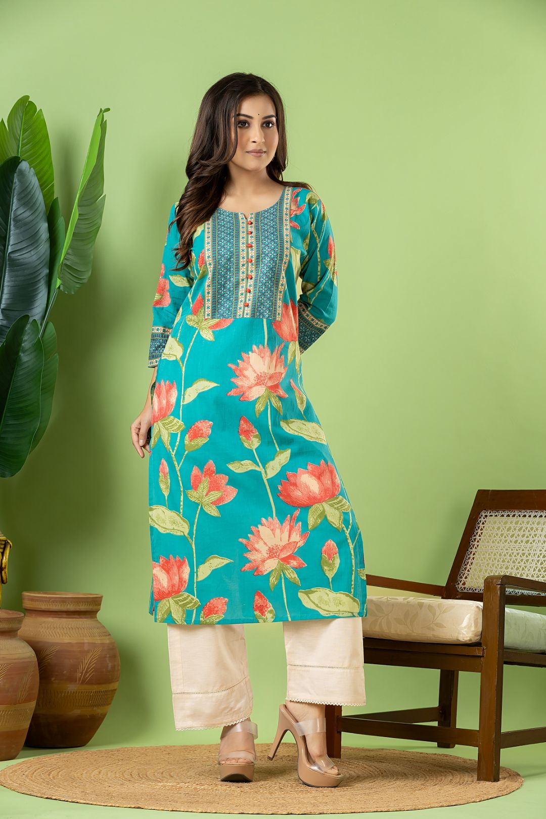 Aqua Blue Louts Print Kurta