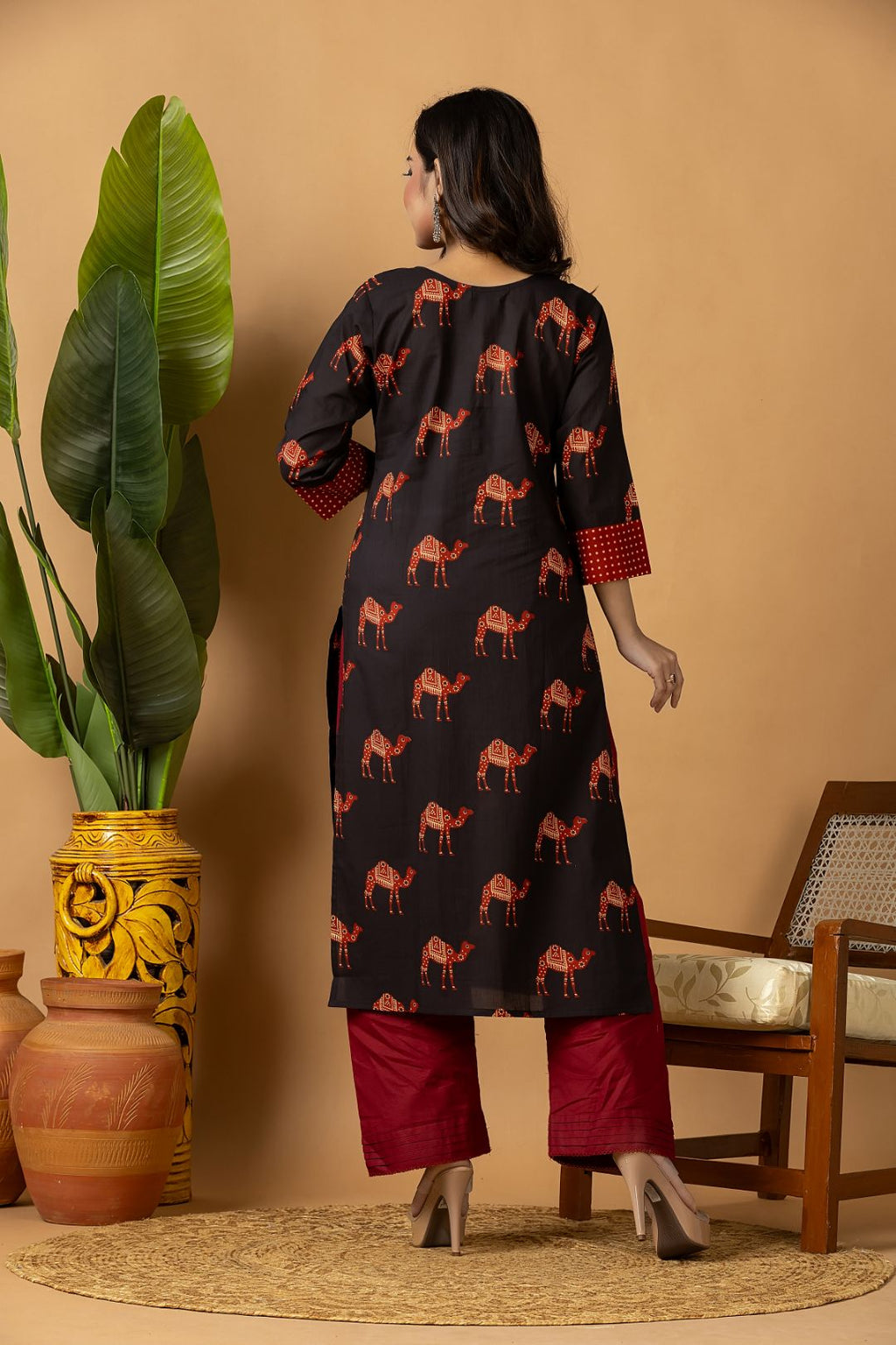 Black & Maroon Camel Print Kurta