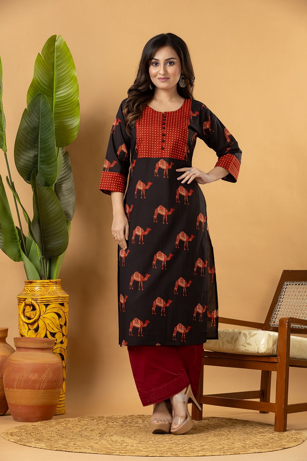 Black & Maroon Camel Print Kurta
