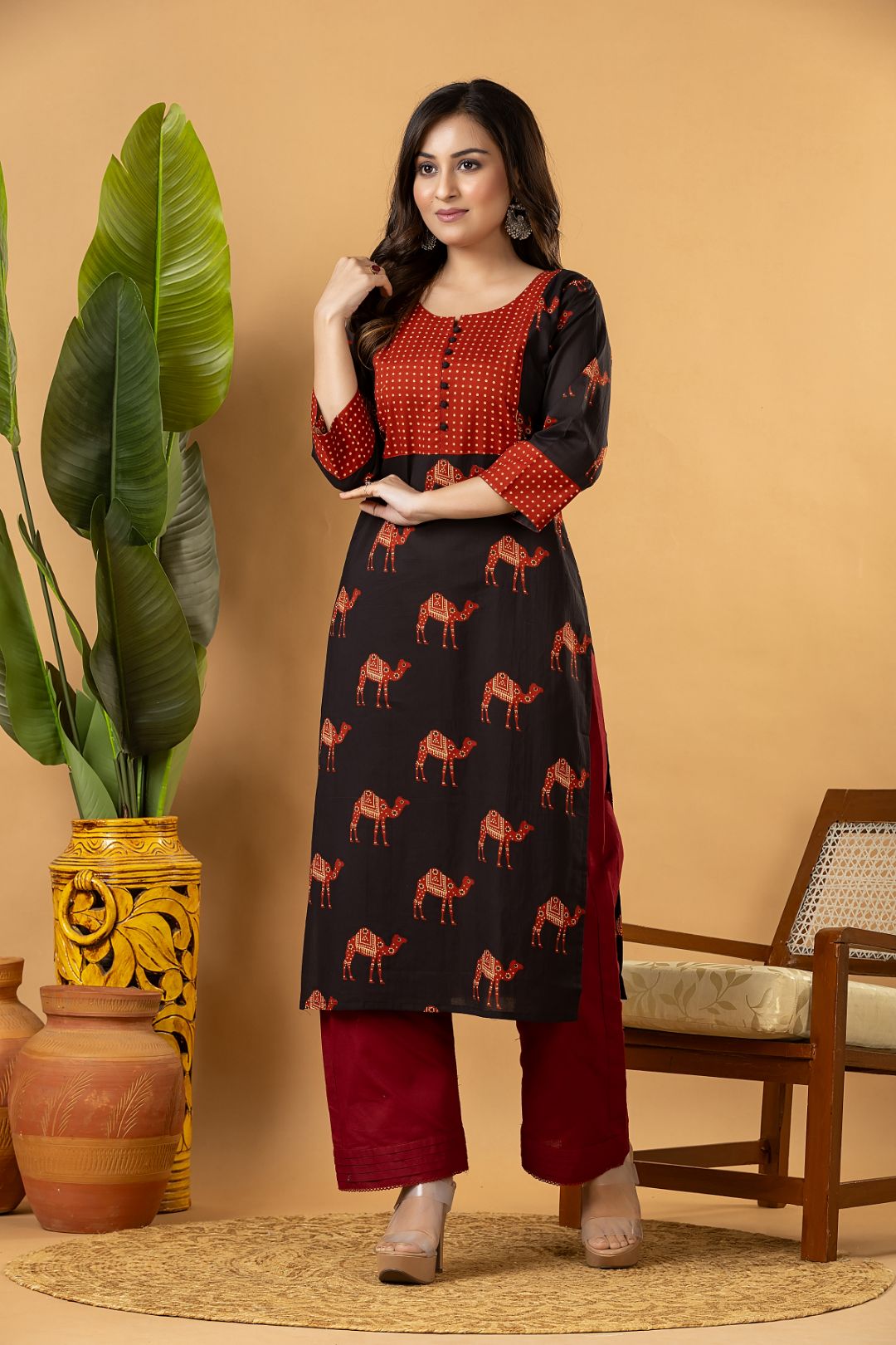 Black & Maroon Camel Print Kurta