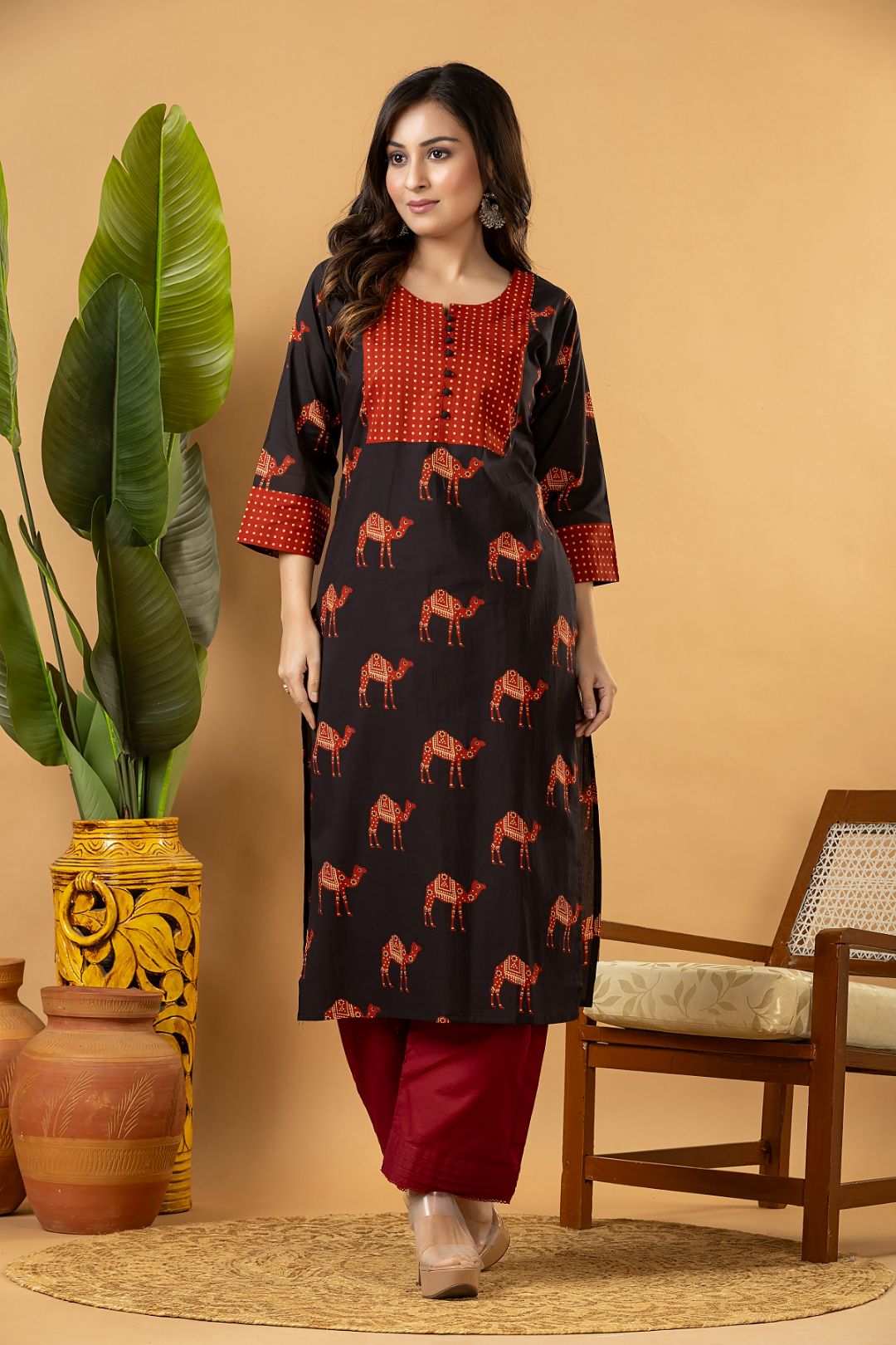 Black & Maroon Camel Print Kurta