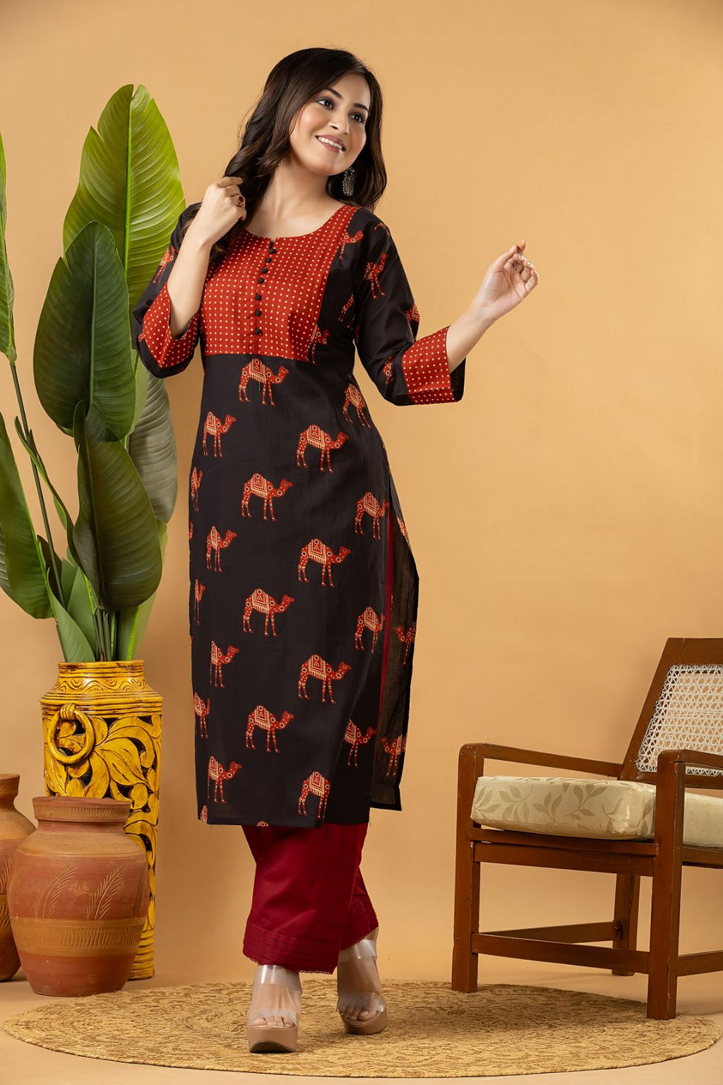 Black & Maroon Camel Print Kurta