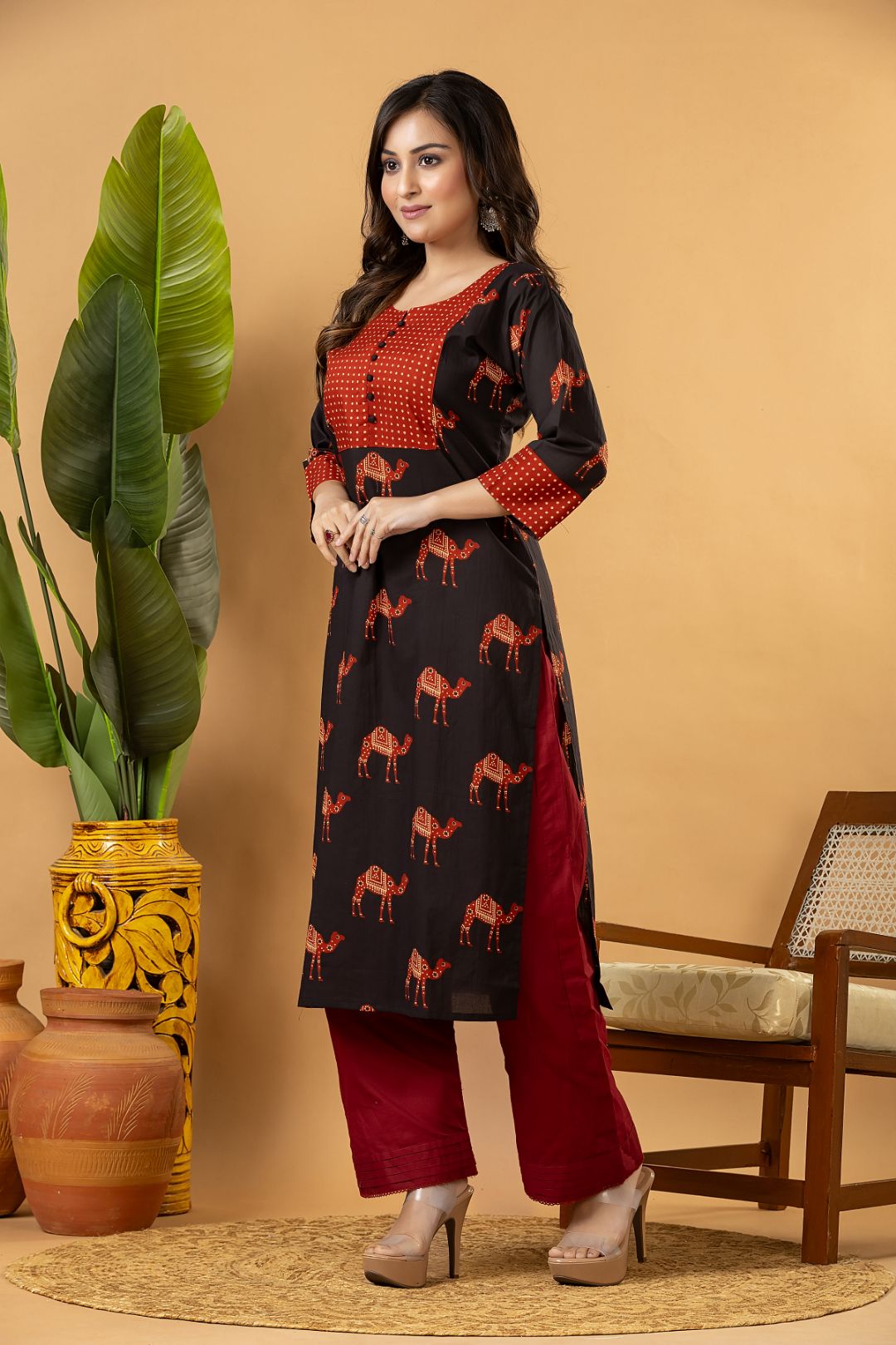 Black & Maroon Camel Print Kurta