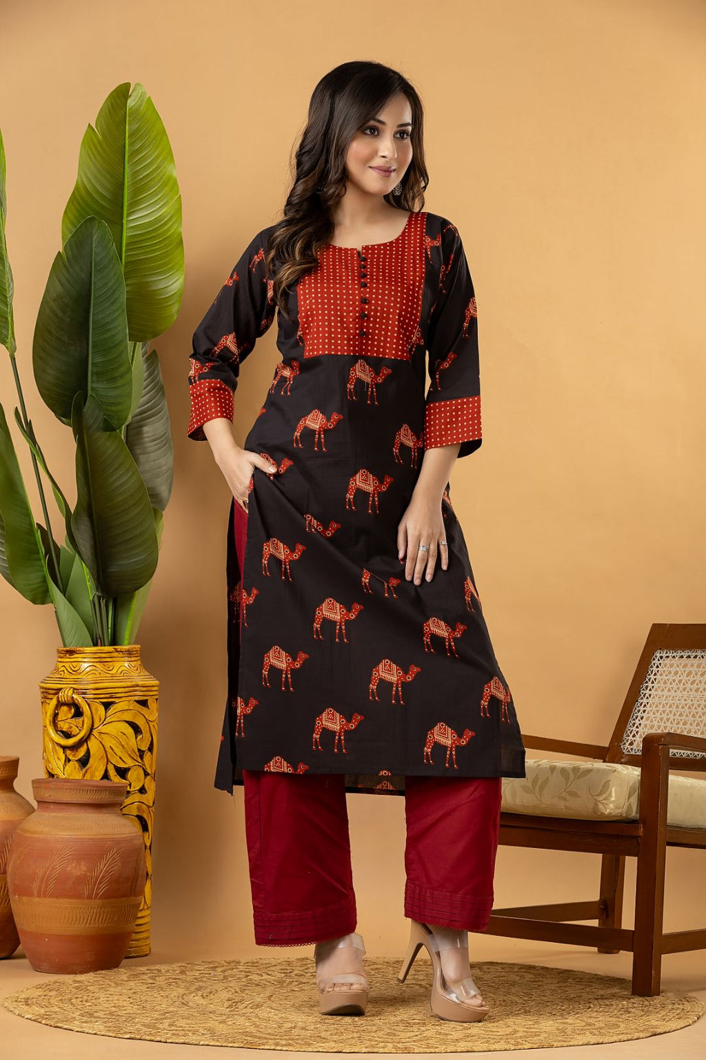 Black & Maroon Camel Print Kurta