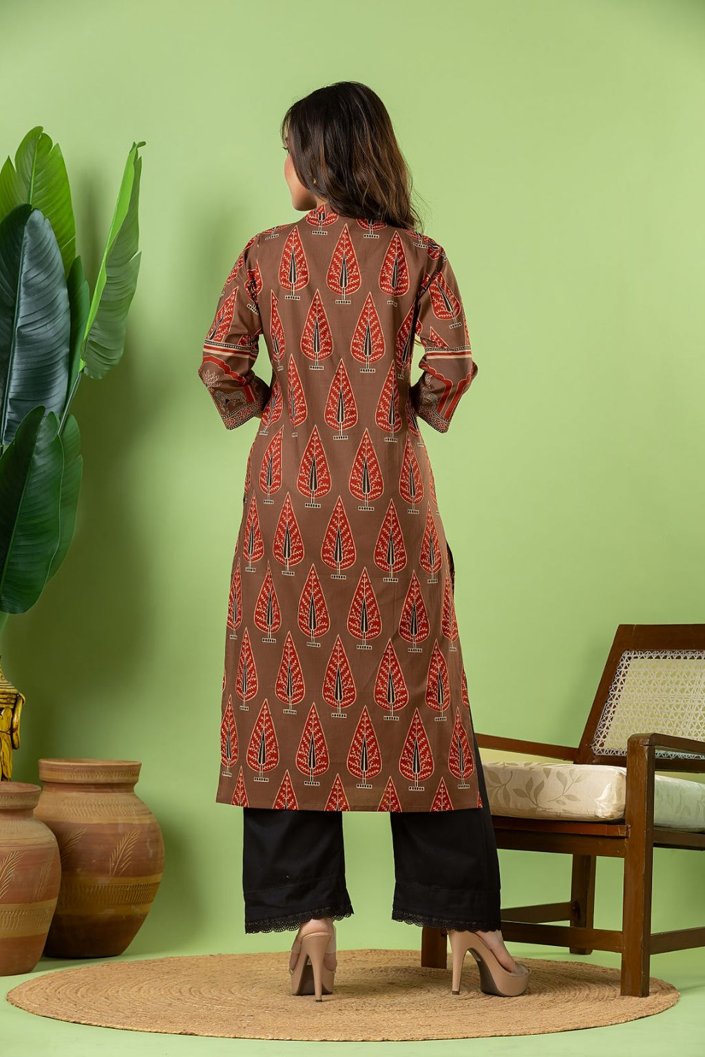 Grey Brown & Maroon Leaf Print Kurta