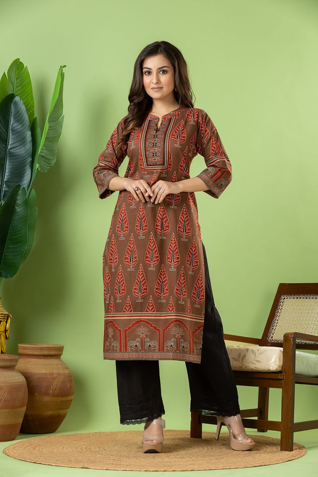 Grey Brown & Maroon Leaf Print Kurta
