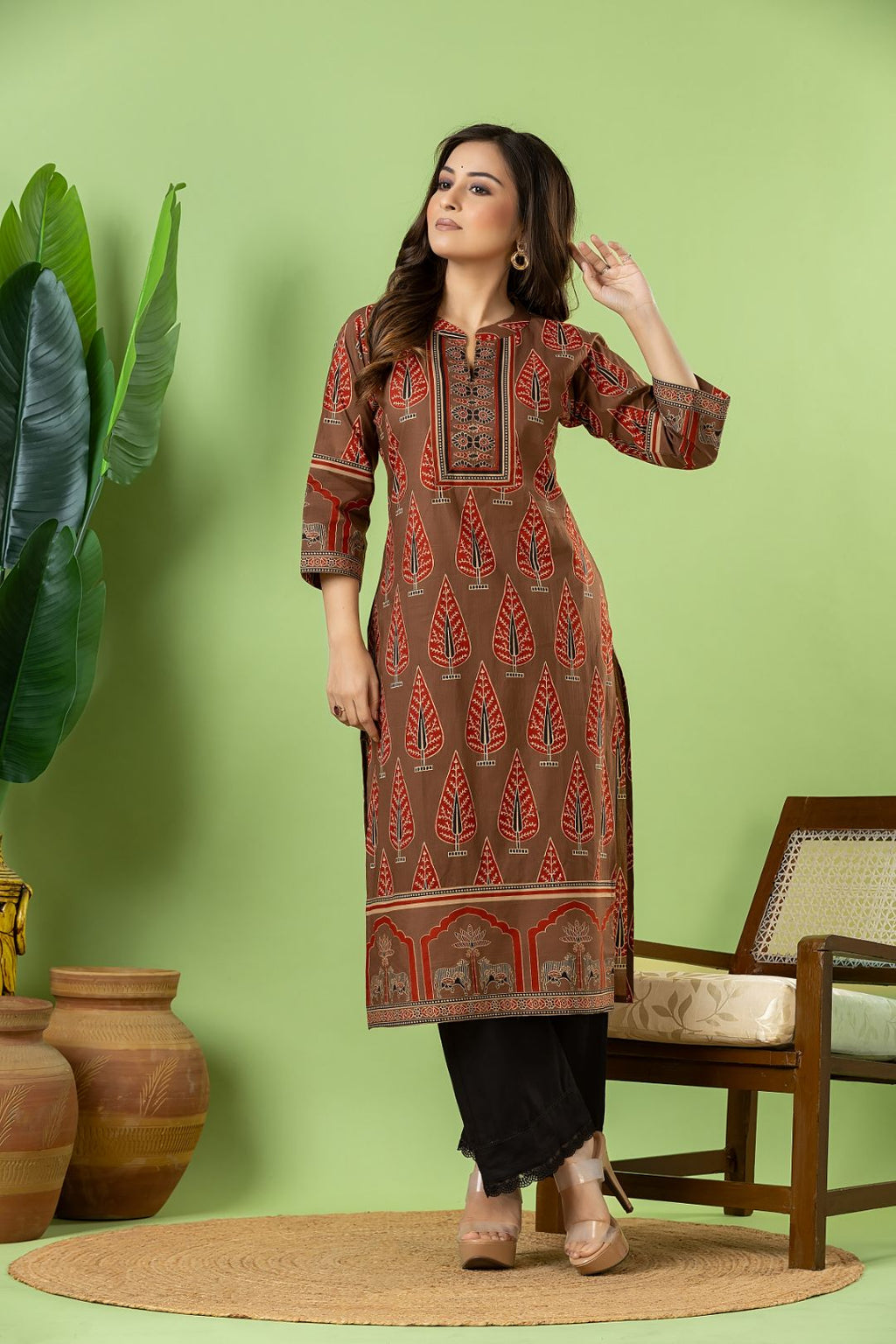 Grey Brown & Maroon Leaf Print Kurta