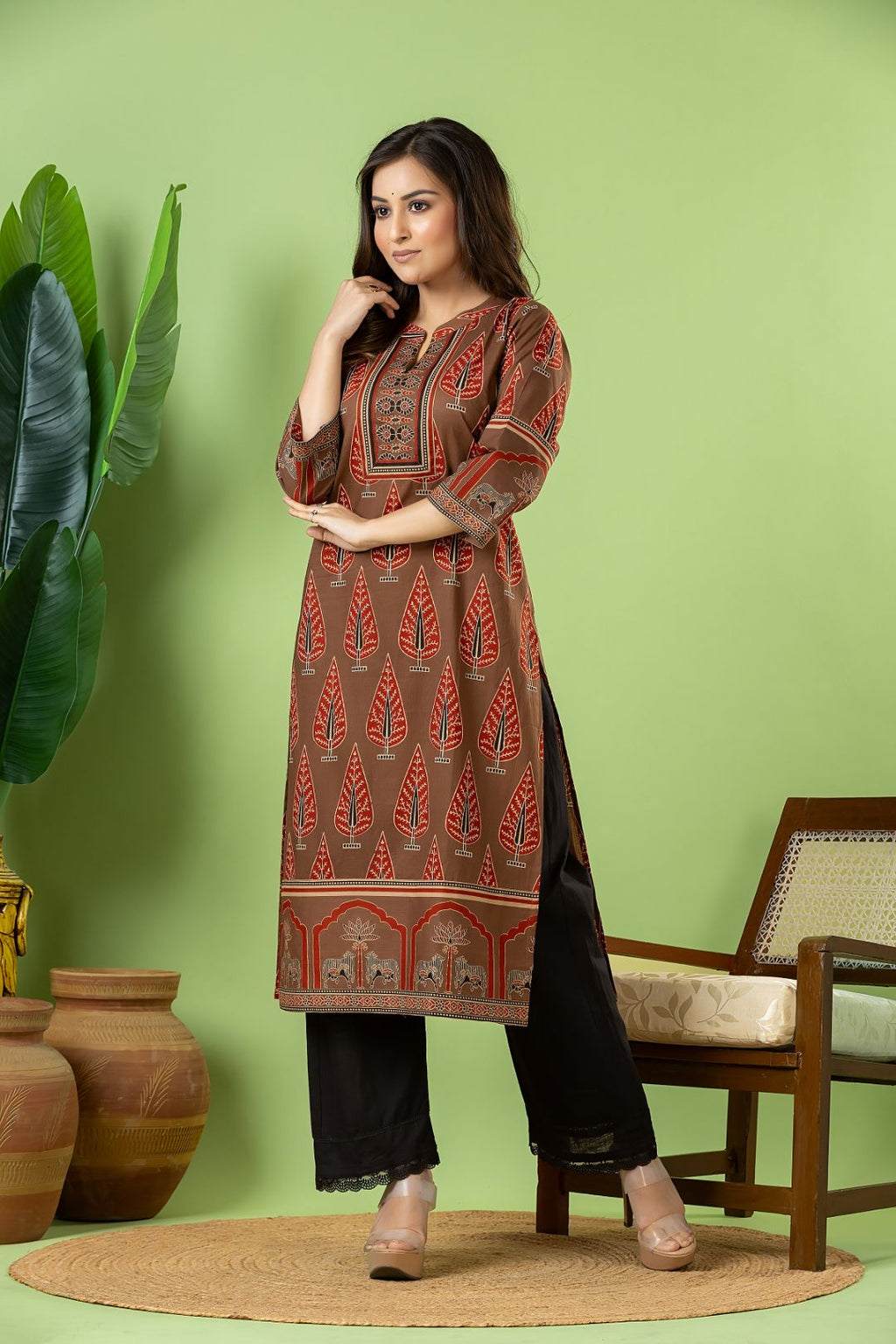Grey Brown & Maroon Leaf Print Kurta