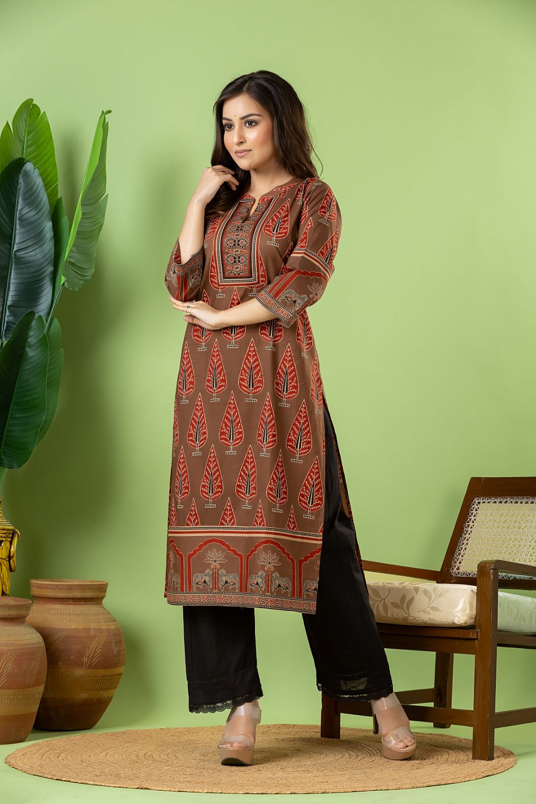 Grey Brown & Maroon Leaf Print Kurta