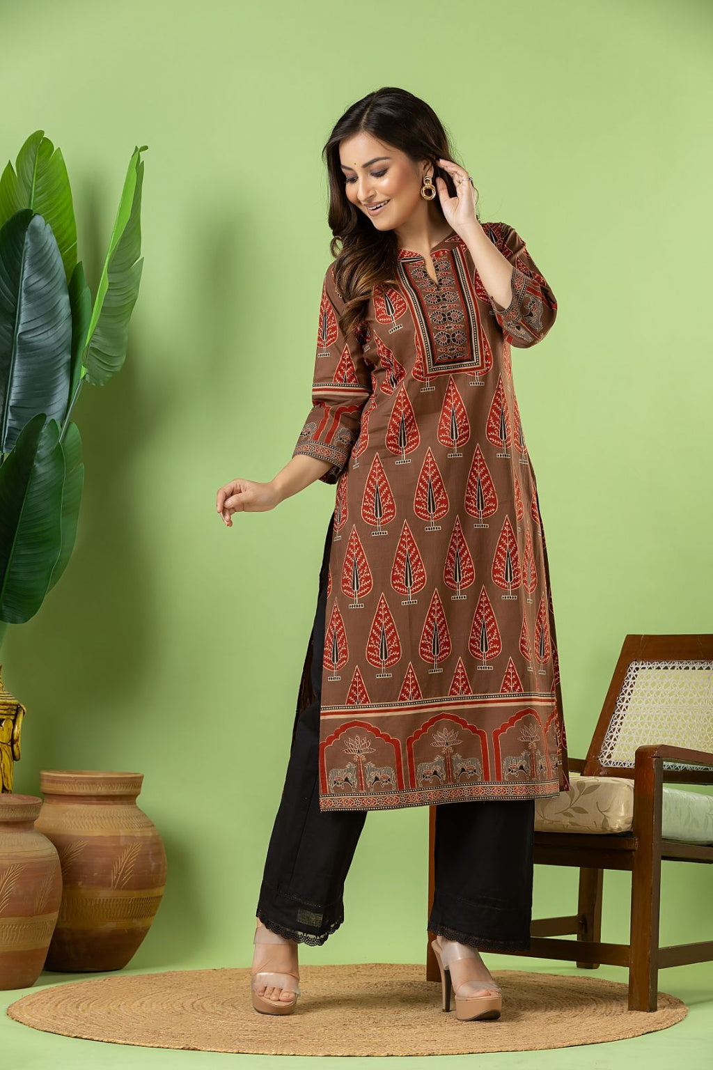 Grey Brown & Maroon Leaf Print Kurta