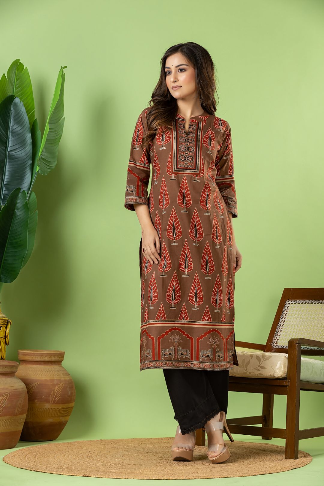 Grey Brown & Maroon Leaf Print Kurta