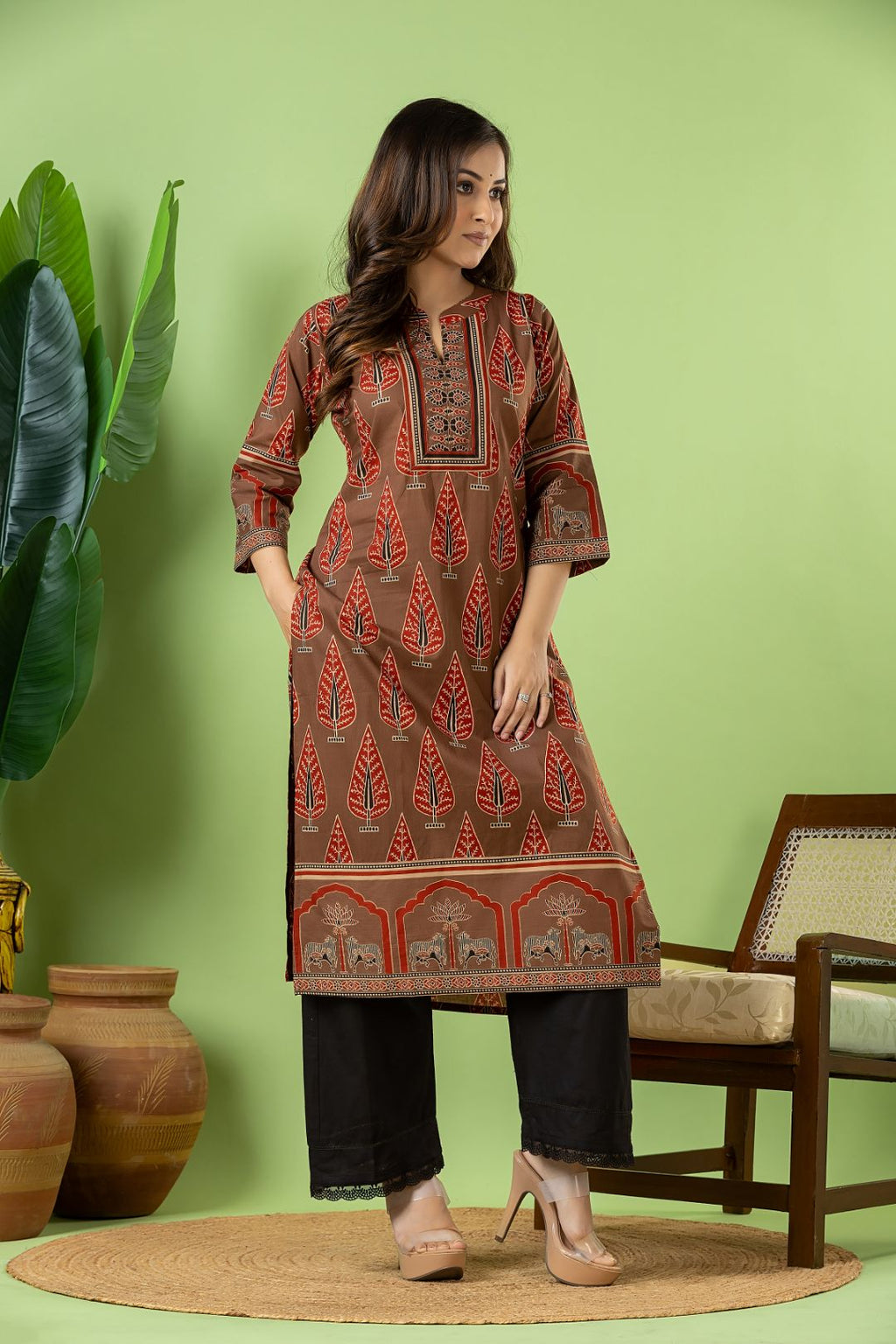 Grey Brown & Maroon Leaf Print Kurta