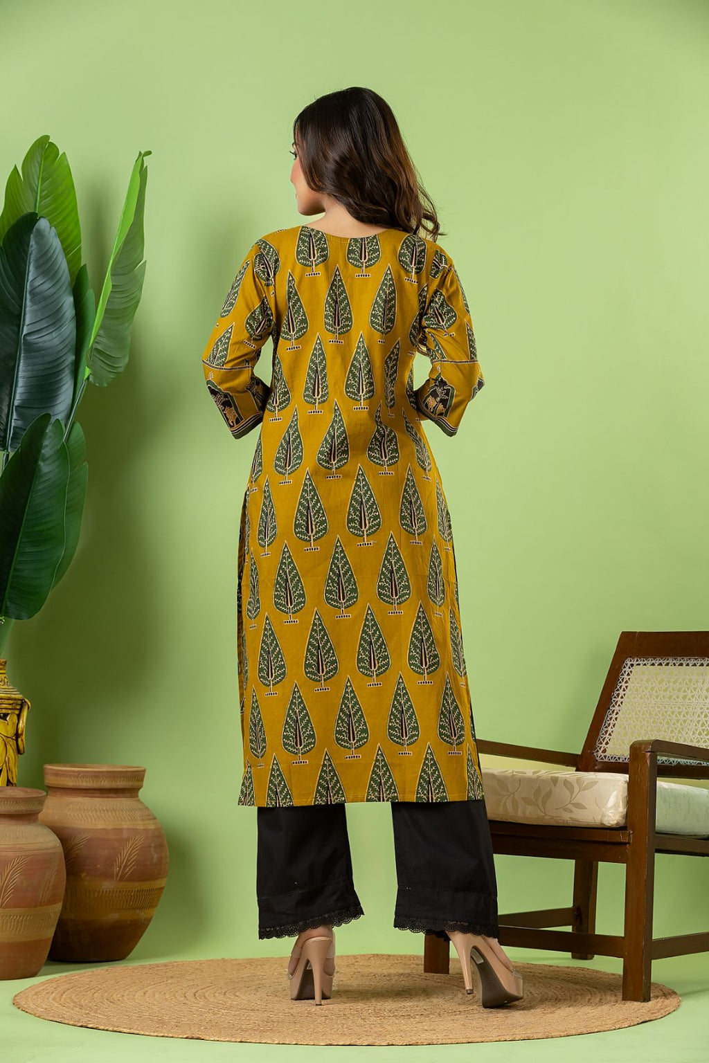 Mustard Yellow & Green Leaf Print Kurta