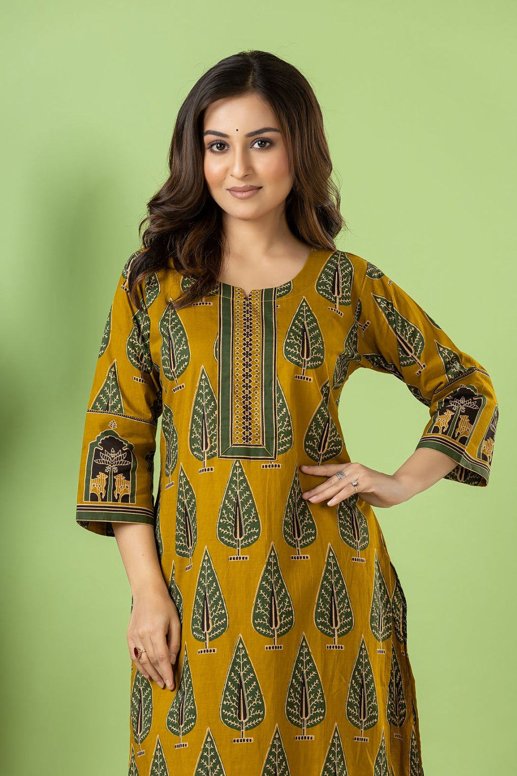 Mustard Yellow & Green Leaf Print Kurta