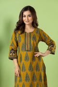 Mustard Yellow & Green Leaf Print Kurta