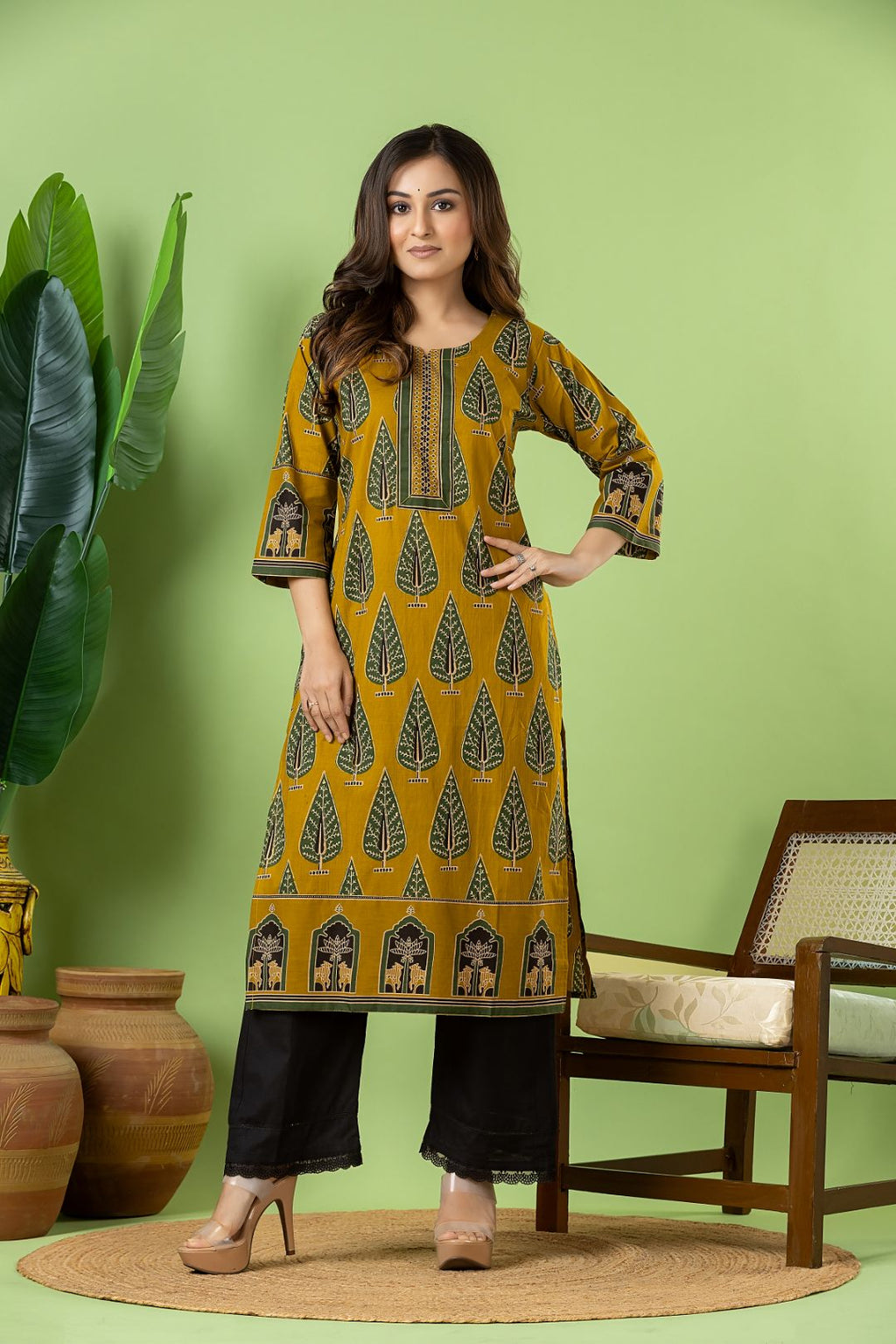 Mustard Yellow & Green Leaf Print Kurta