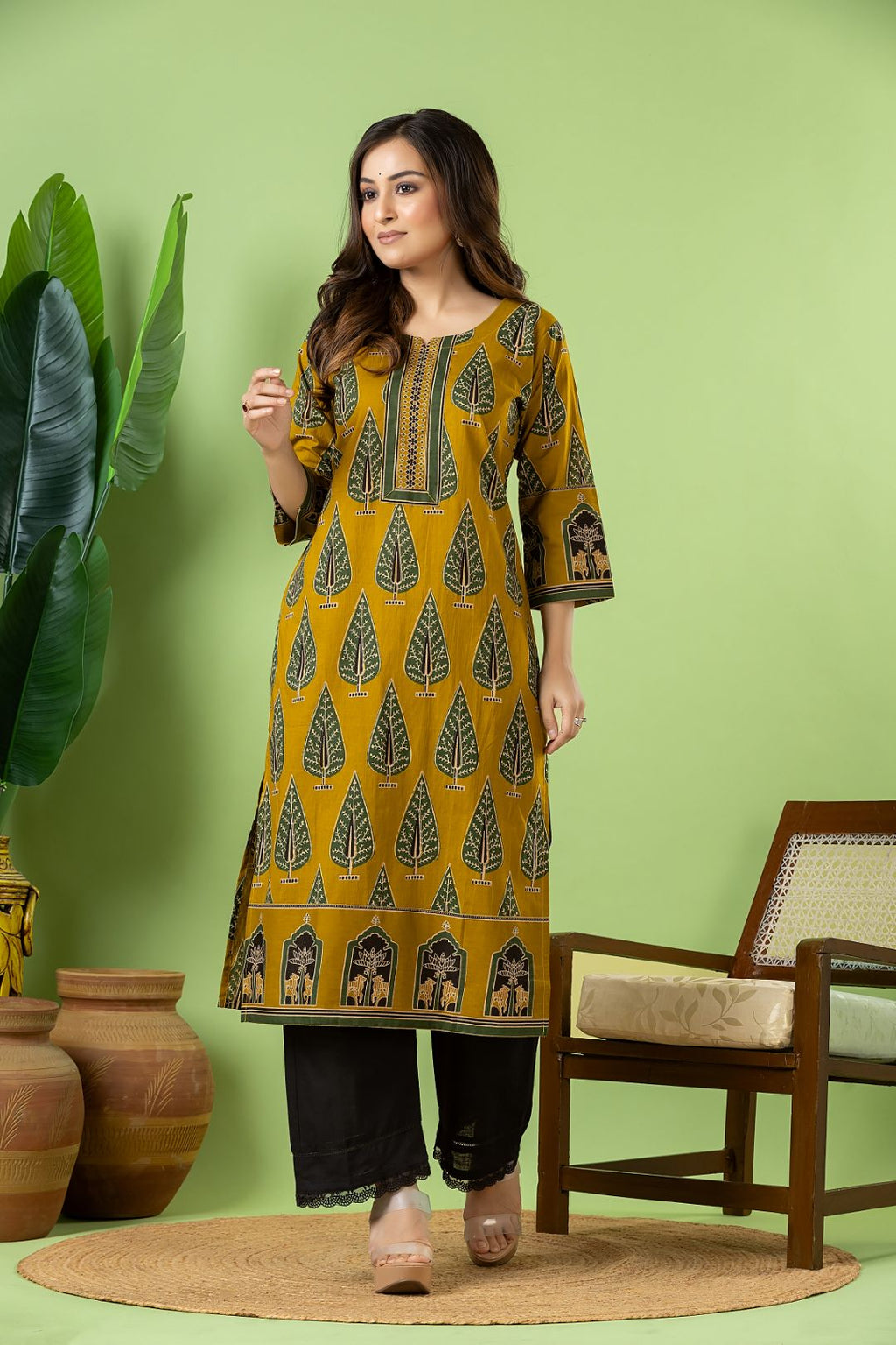 Mustard Yellow & Green Leaf Print Kurta