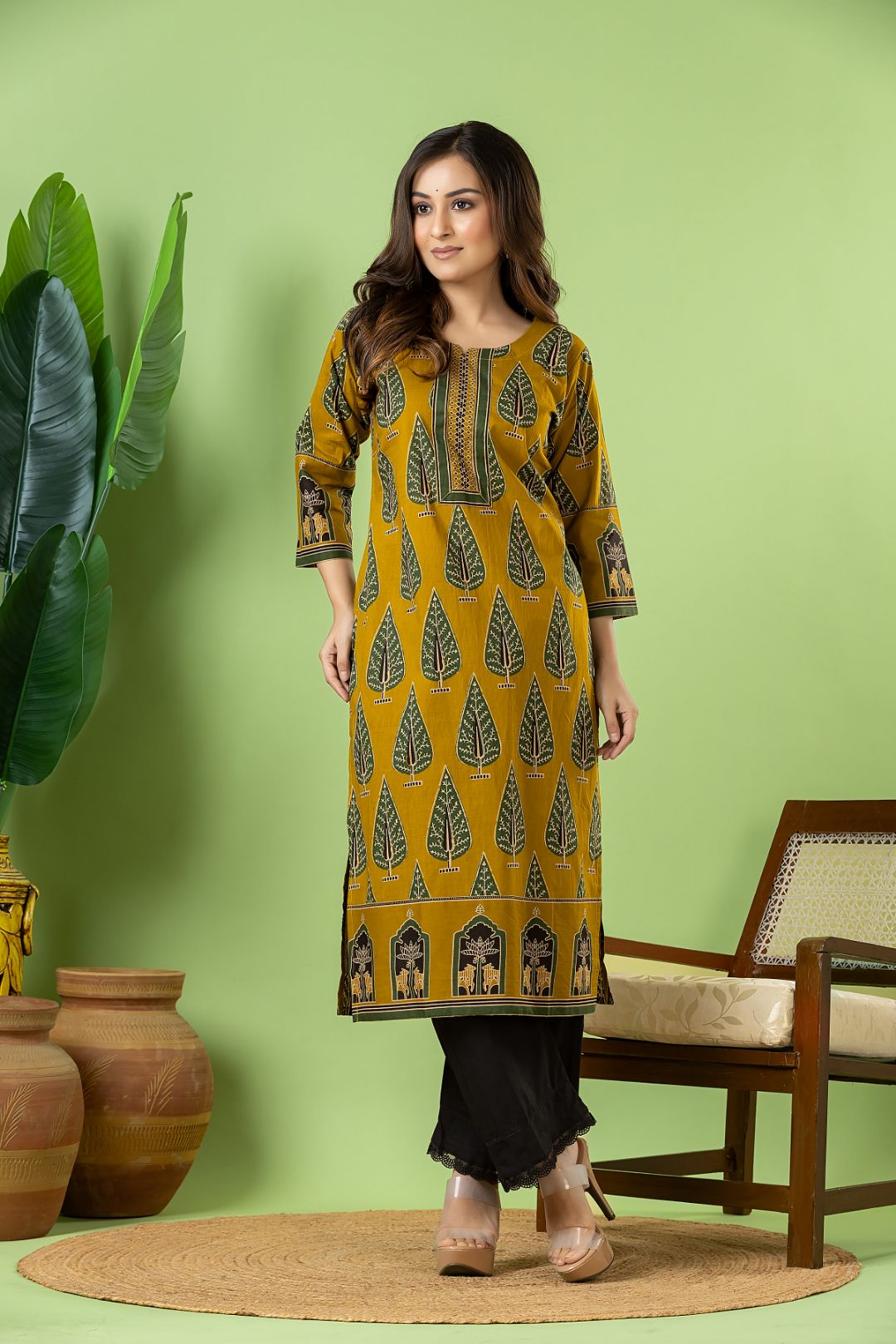 Mustard Yellow & Green Leaf Print Kurta
