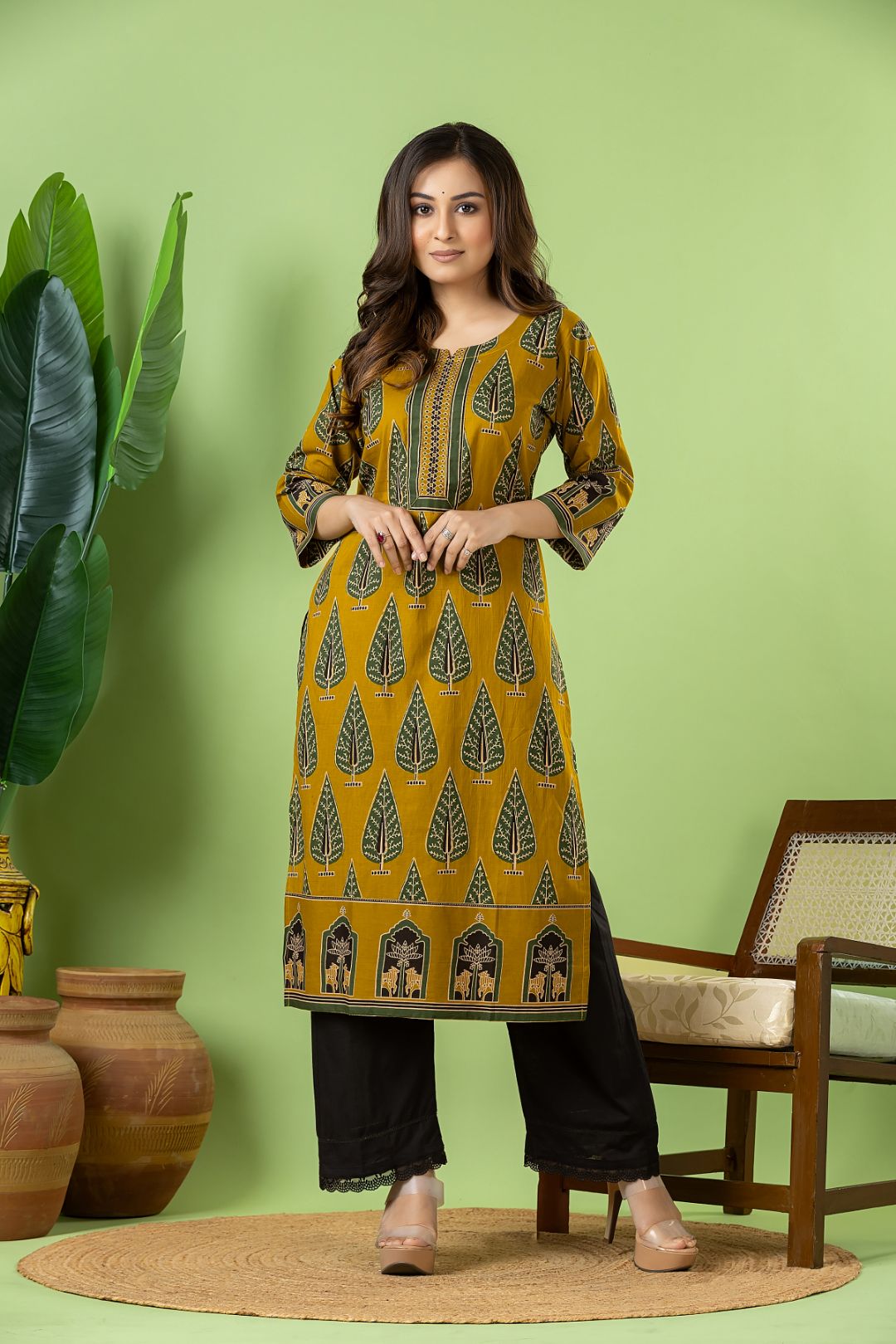 Mustard Yellow & Green Leaf Print Kurta