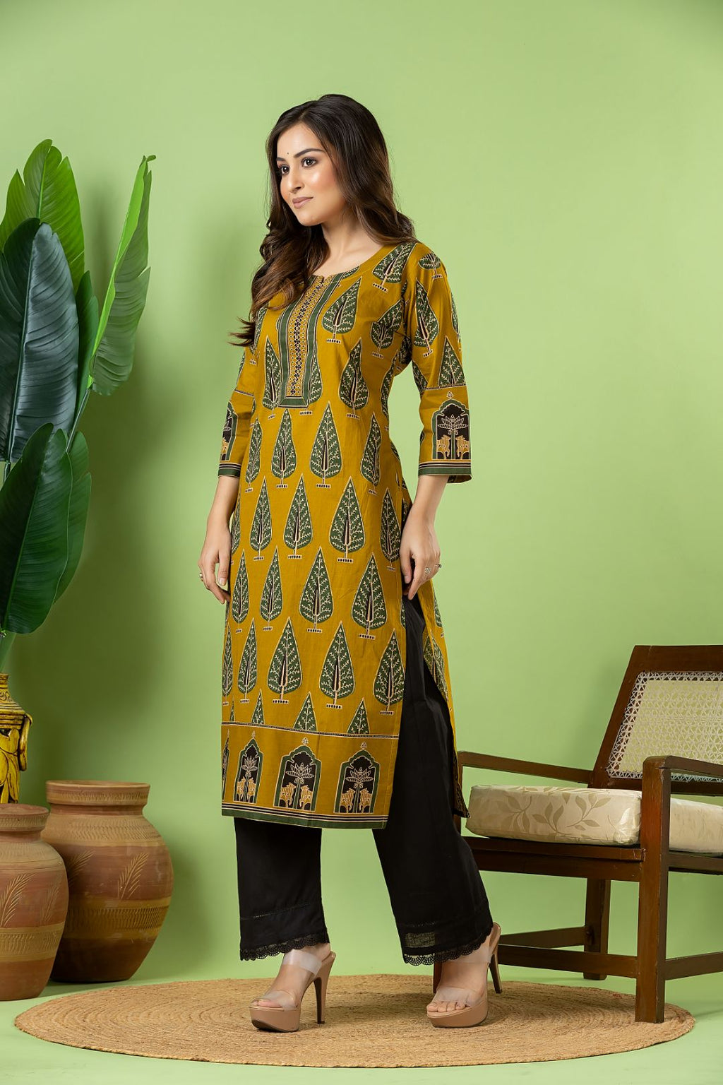 Mustard Yellow & Green Leaf Print Kurta