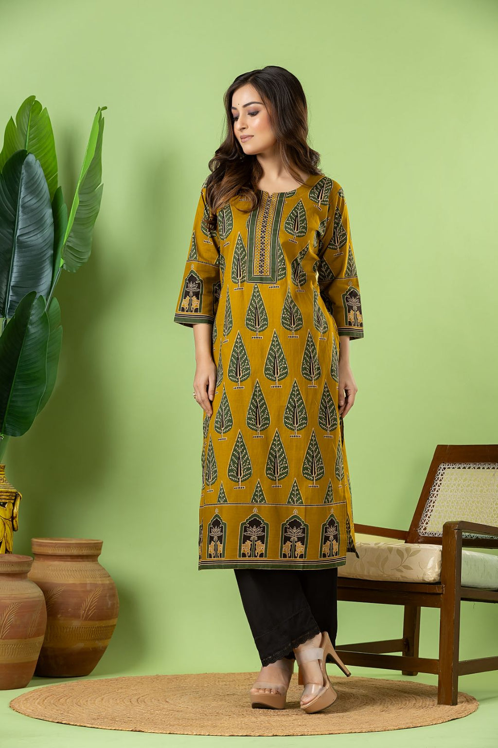 Mustard Yellow & Green Leaf Print Kurta