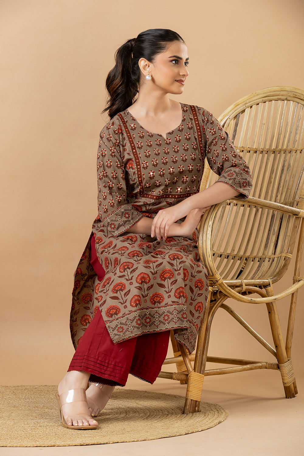 Grey Brown Floral Print Hand Embroidered Kurta