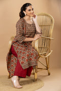 Grey Brown Floral Print Hand Embroidered Kurta