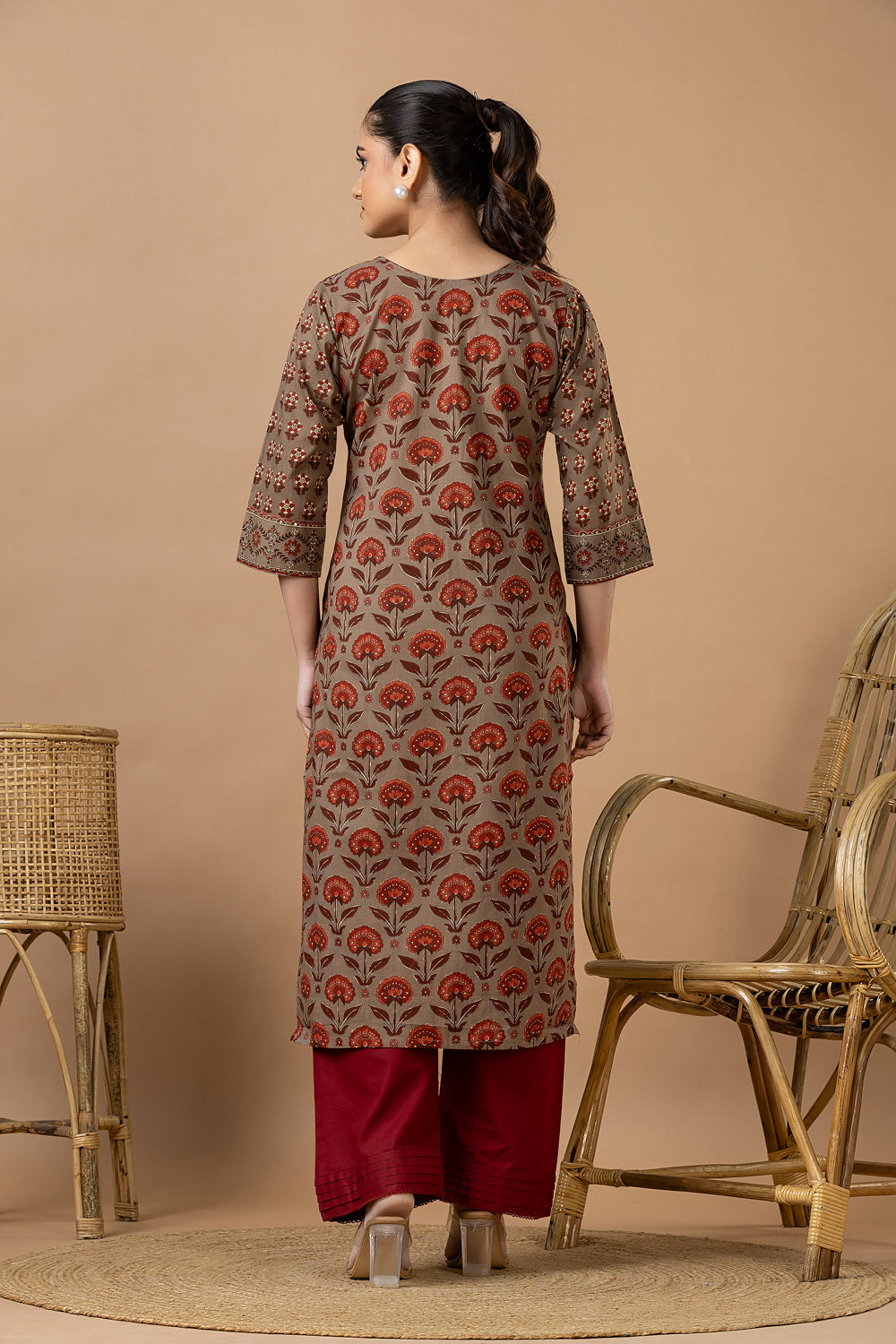 Grey Brown Floral Print Hand Embroidered Kurta