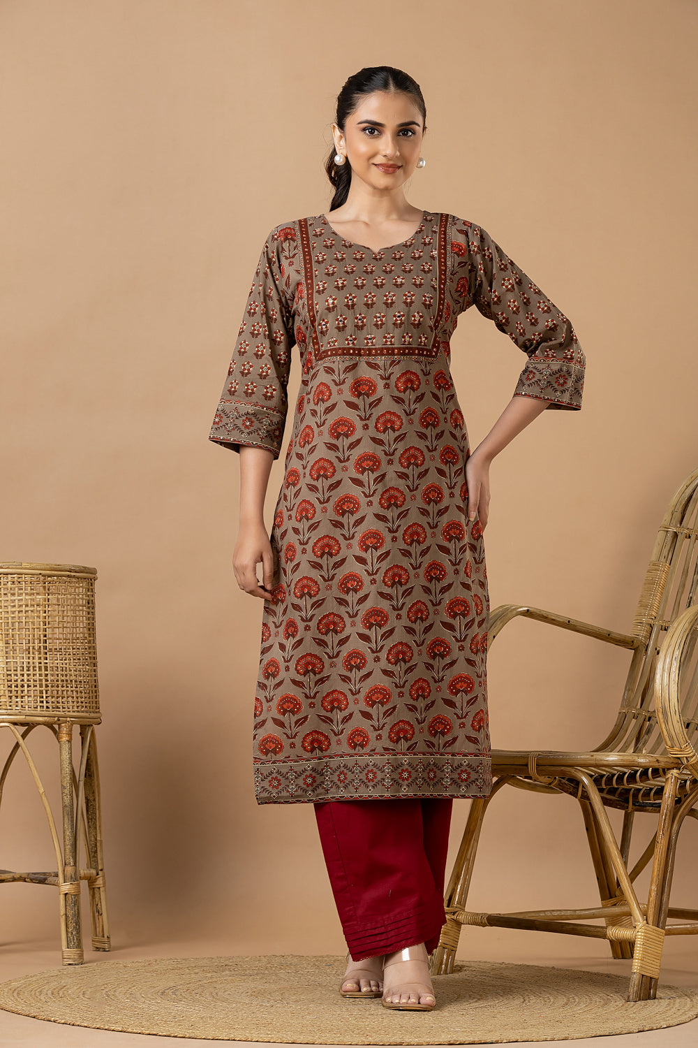 Grey Brown Floral Print Hand Embroidered Kurta