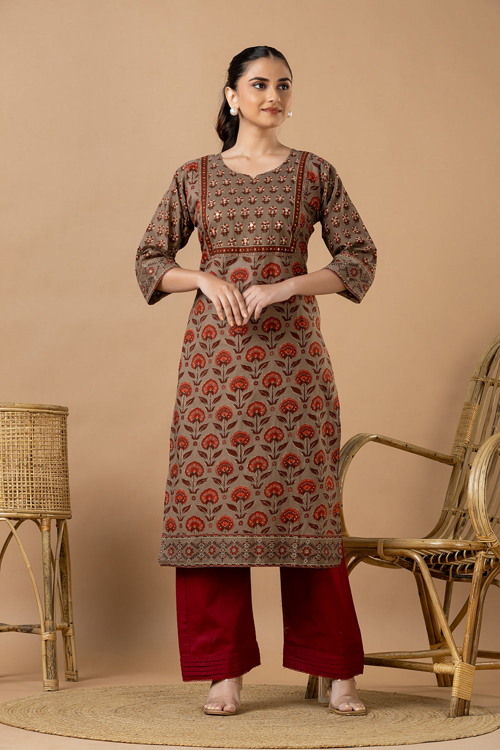Grey Brown Floral Print Hand Embroidered Kurta