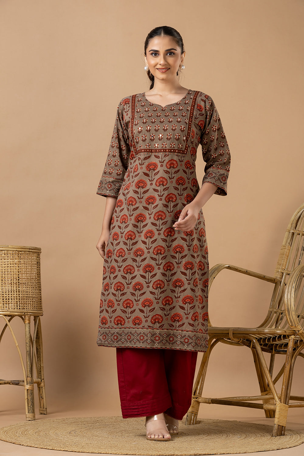 Grey Brown Floral Print Hand Embroidered Kurta