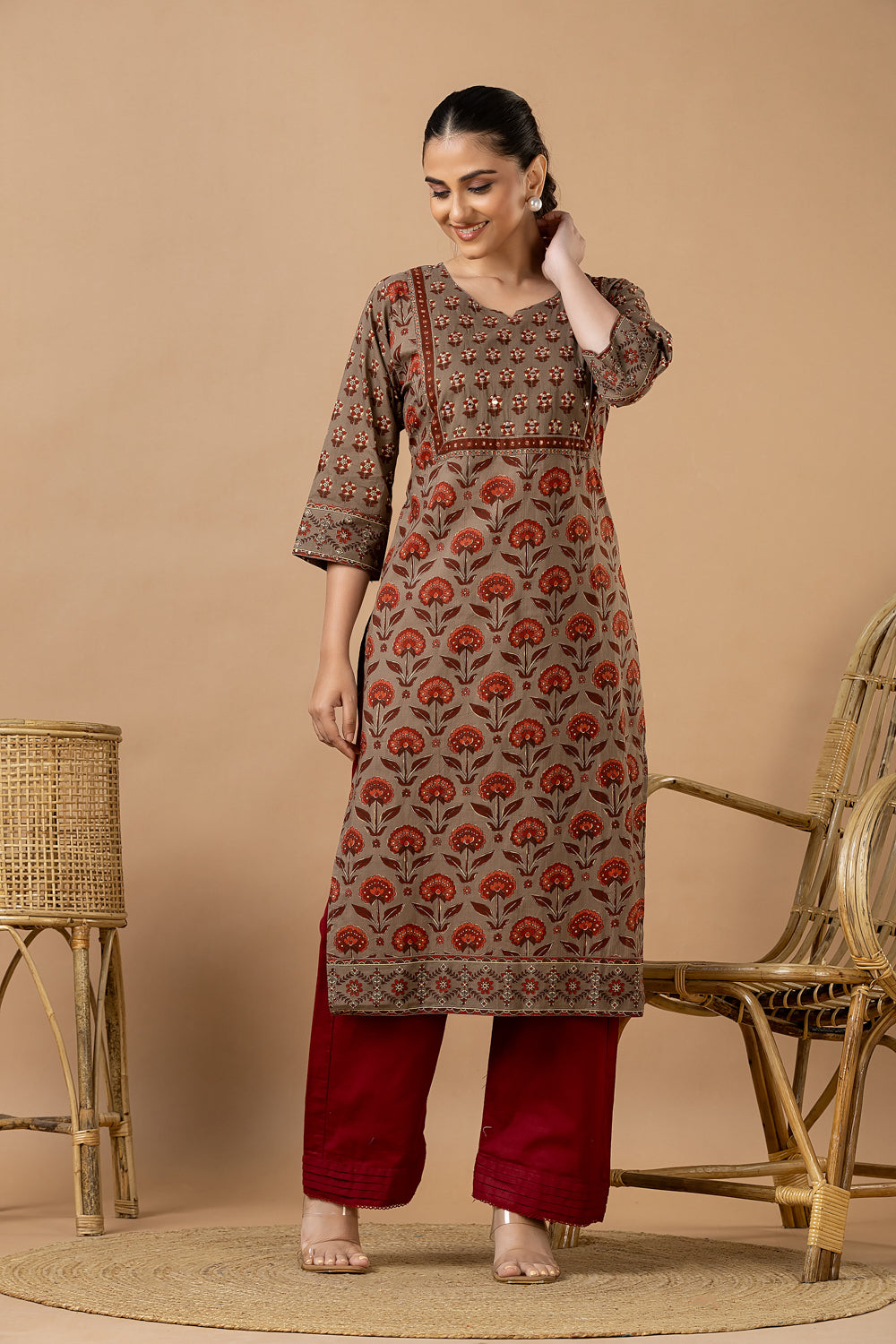 Grey Brown Floral Print Hand Embroidered Kurta