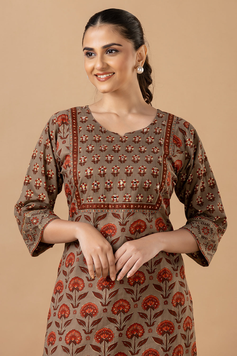 Grey Brown Floral Print Hand Embroidered Kurta