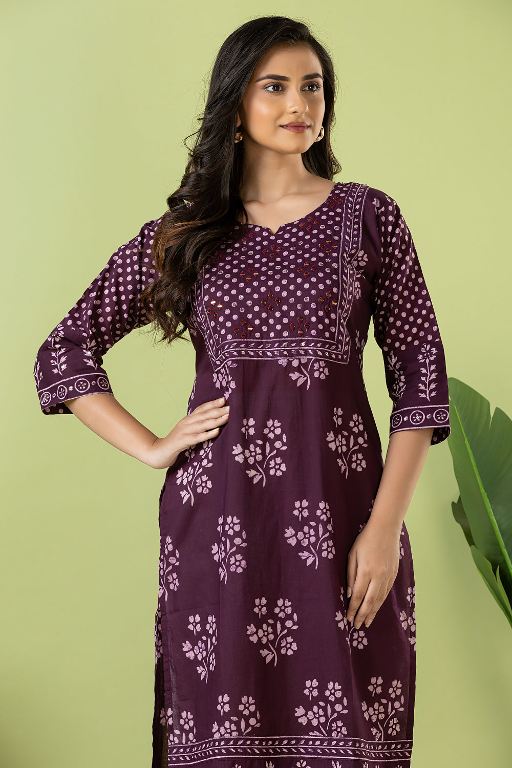 Purple Floral Print Hand Embroidered Kurta