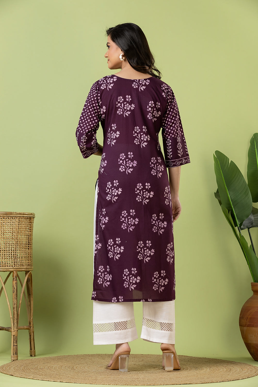 Purple Floral Print Hand Embroidered Kurta