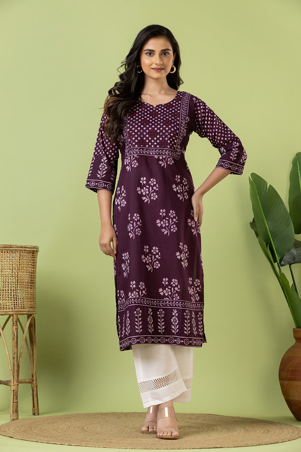 Purple Floral Print Hand Embroidered Kurta